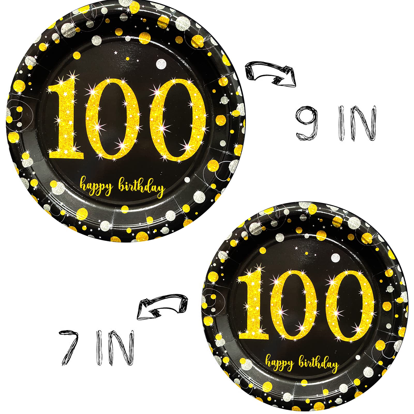Trgowaul 100th Birthday Party Supplies Set - 24-Piece Black & Gold Disposable Plates, Napkins, Cups, Cutlery & Table Cover with Decor Balloons & Banner - Elegant Centennial Celebration Decorations for Adults & Seniors