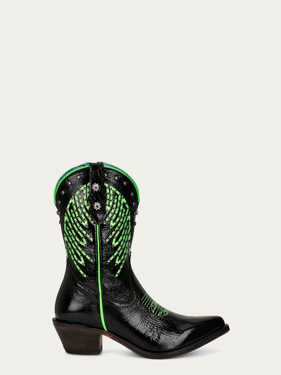 Neon Green Women's Ankle Boots with Fluorescent Embroidery, Studs & Zipper - Stylish Black Booties for Casual Outfits, Night Out & Party Wear