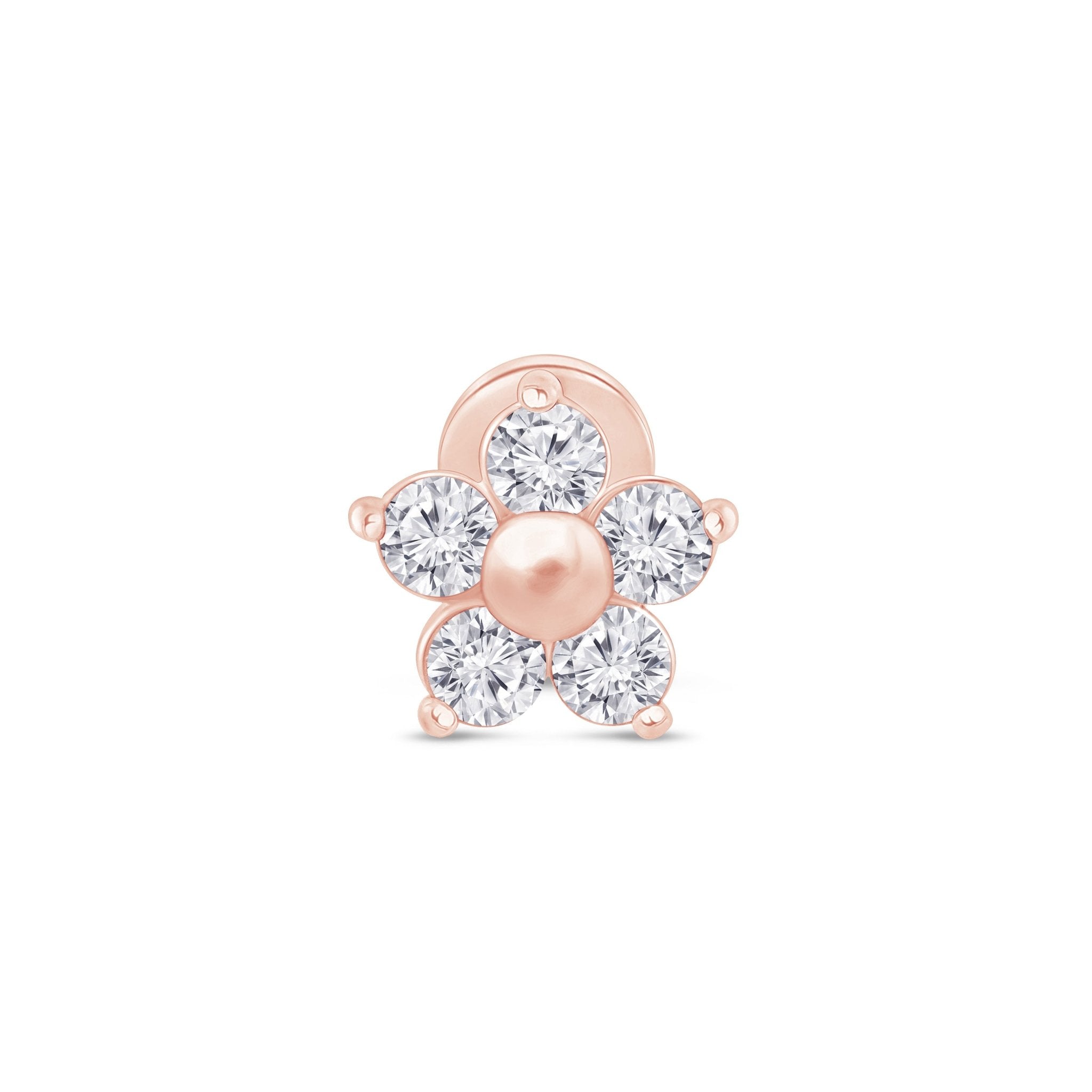 14k Rose Gold Five Diamond Flower Stud Earrings for Women - Elegant Floral Flat Back Earrings for Daily Wear & Special Occasions