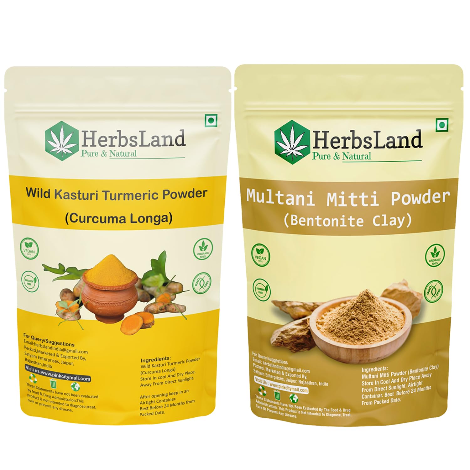 HerbsLand® 100% Pure Organic Wild Kasturi Turmeric Powder & Multani Mitti Clay Face Mask (100g Each, 200g Total) - Natural Skin Brightening & Acne Treatment for Glowing Complexion - Perfect for DIY Beauty Routines & Spa Days