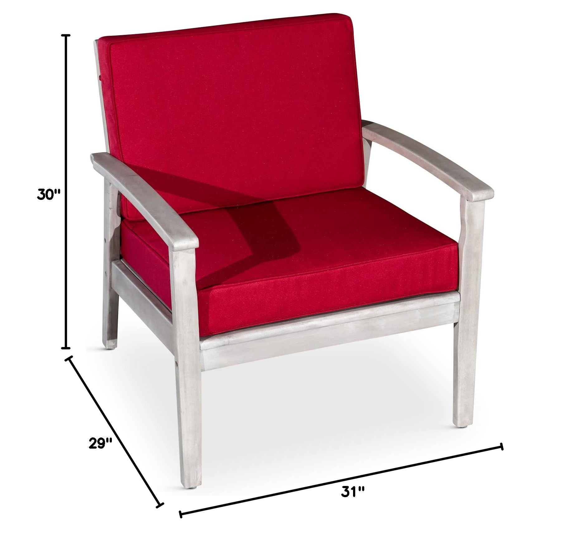 DTY Outdoor Living Longs Peak Deep Seat Eucalyptus Chair - Silver Gray Finish with Burgundy Cushions | Patio, Garden, Deck & Backyard Relaxation Furniture