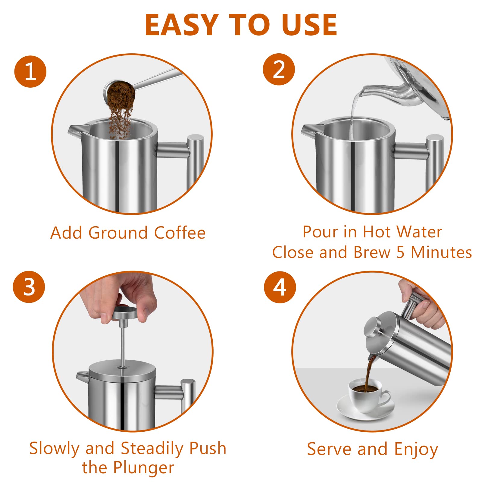 Premium Stainless Steel French Press Coffee Maker - 34oz/1000ml Double Wall Insulated for Hot Coffee & Tea - Includes 3 Extra Filters & Measuring Spoon - Ideal for Home, Office & Camping Use - Silver