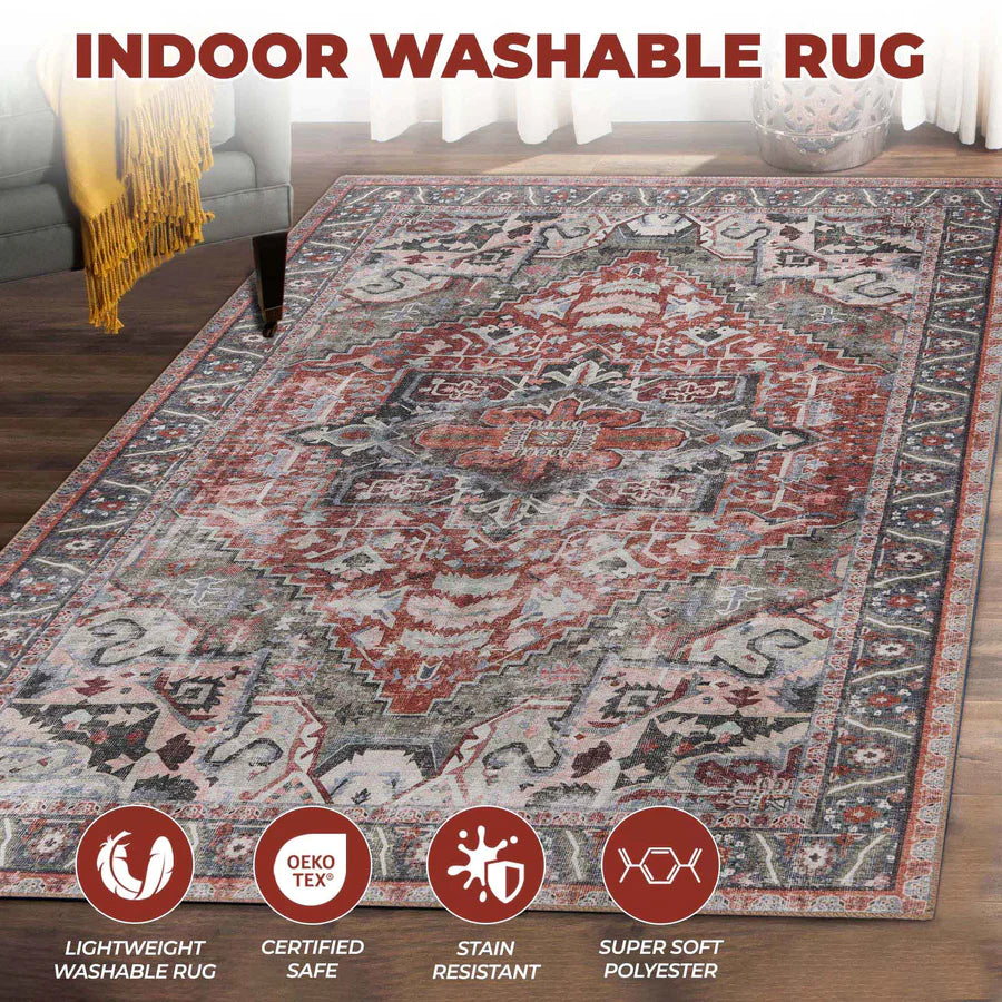 Handmade Rustic Medallion Border Area Rug - Non-Slip Indoor Runner for Living Room, Bedroom & Hallway - Boho Chic Home Decor
