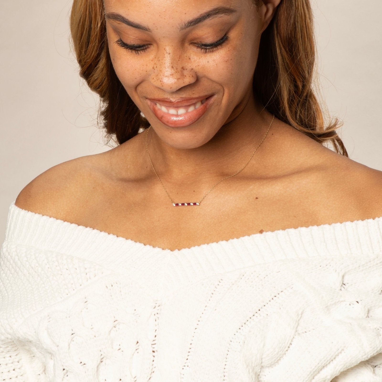 Emerald Cut Ruby and Round White Sapphire Bar Necklace - 10k Solid Yellow Gold Dainty Jewelry for Women, Gift for Her, Anniversary, Birthday, Valentine's Day