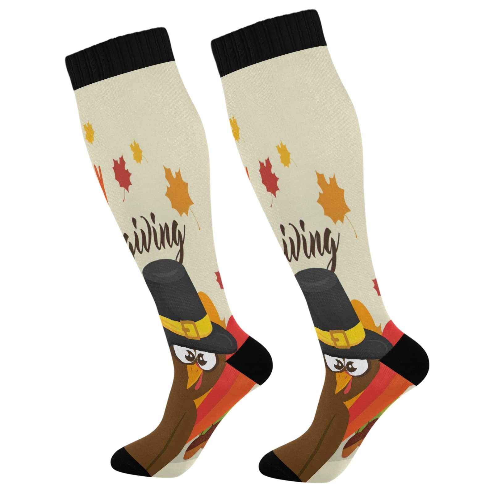 Thanksgiving Colorful Maple Leaves Compression Socks for Women & Men - Cute Comfortable Knee-High Socks for Travel, Sports & Holiday Outfits