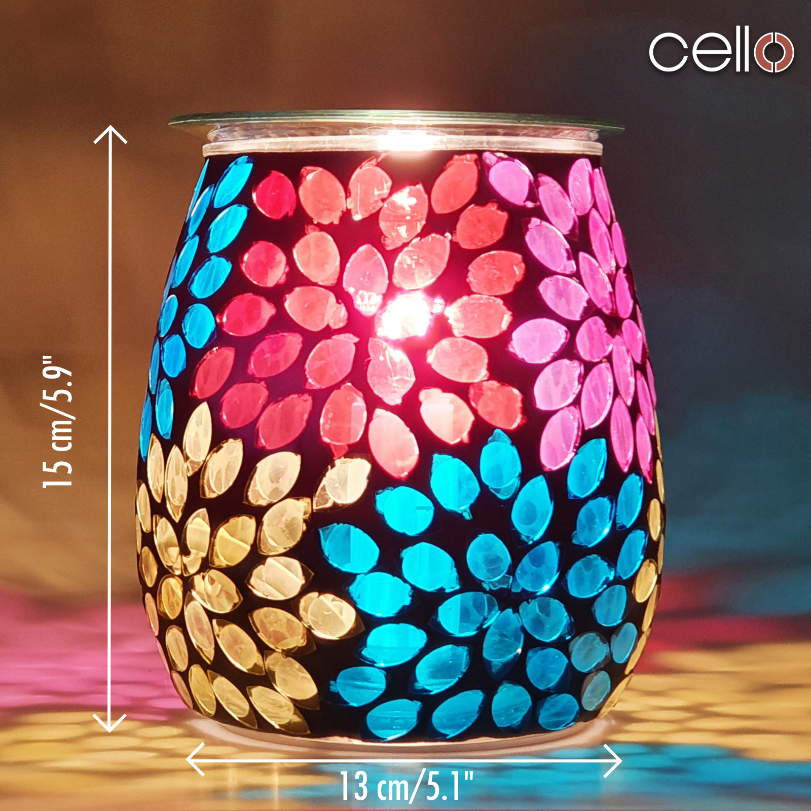 Cello Electric Wax Warmer with Mosaic Glass Design - Floral Pattern for Home Fragrance & Aromatherapy - Perfect for Living Room, Bedroom, and Office Use