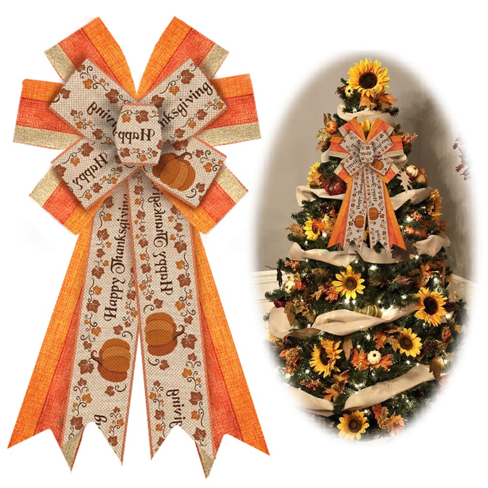 Large Fall Bows for Wreaths - Thanksgiving Pumpkin Wreath Bows with Orange Stripes & Maple Leaves - Farmhouse Front Door Decor - Burlap Tree Topper Bows for Autumn Harvest - Perfect for Indoor/Outdoor Fall Decorations, Thanksgiving Parties & Seasonal Home Decor