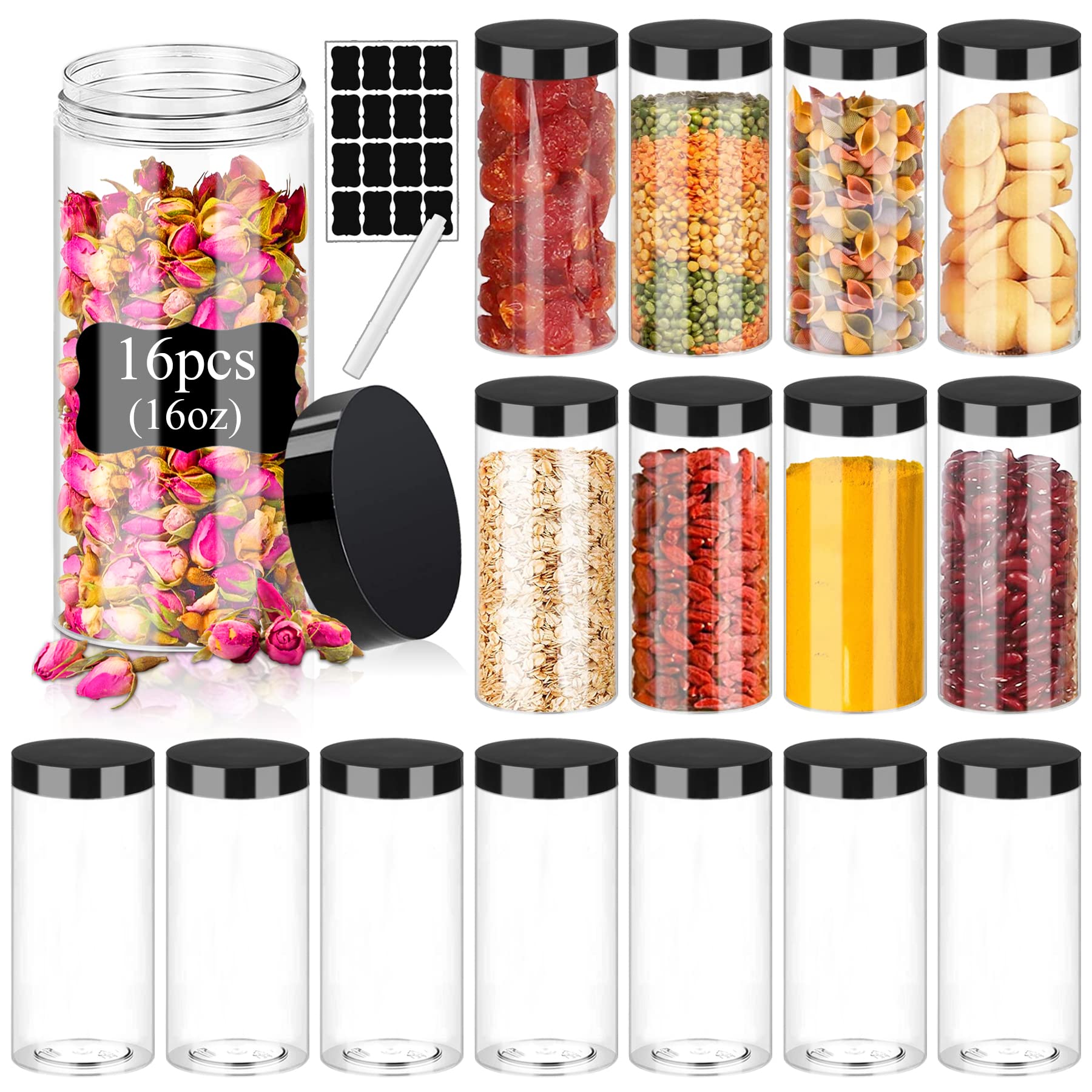 16oz Clear Plastic Jars with Black Lids - 16 Pack Small Empty Round PET Containers for Slime, Cosmetics, Food Storage | Airtight Kitchen Jars for Spices, Dry Food, Butter, Cream & DIY Crafts | Perfect for Home Organization & Gift Packaging