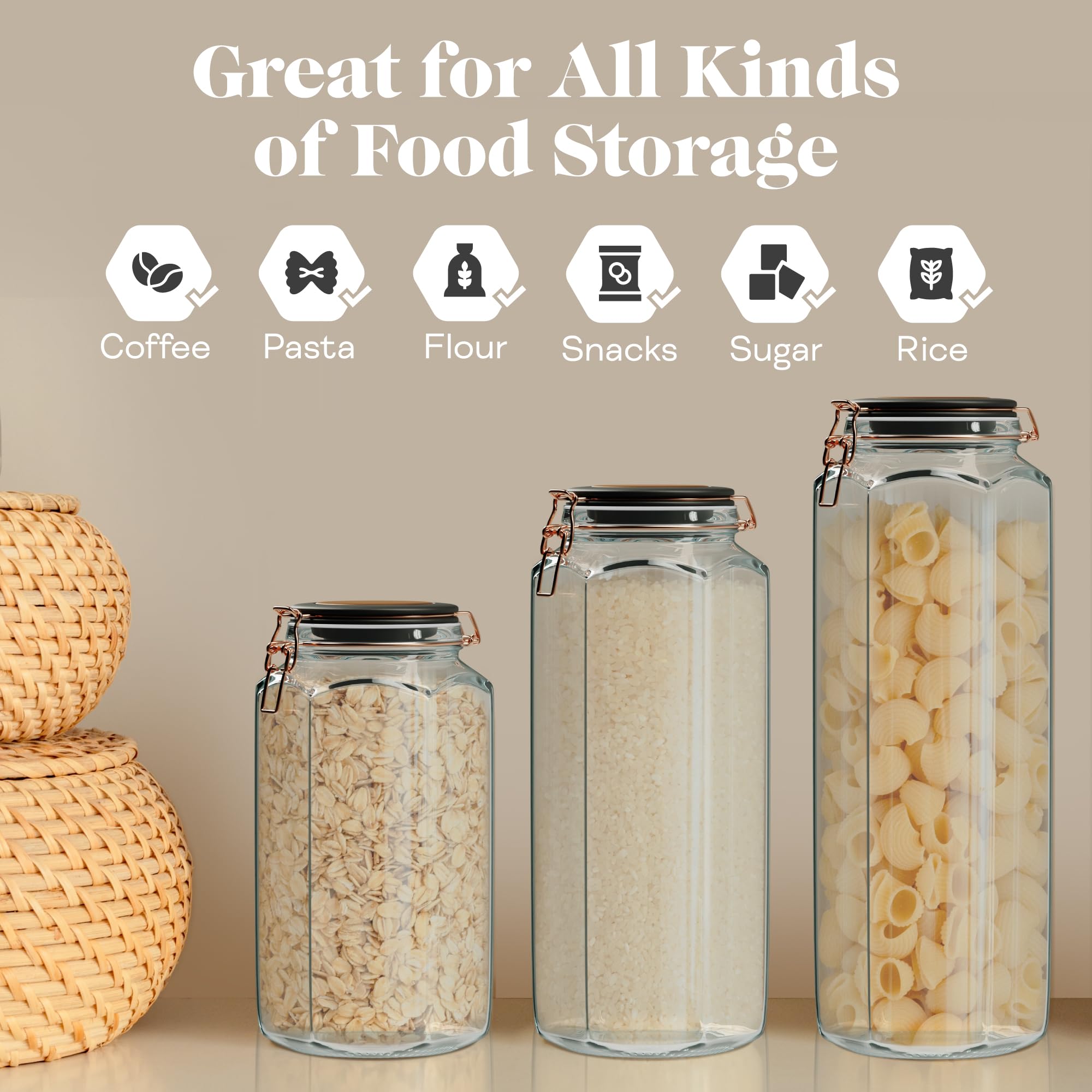 Amici Home Adler Airtight Glass Food Storage Canisters - Set of 2 (42oz) | Hermetic Seal for Coffee Beans, Flour, Sugar & Dry Goods | Perfect for Kitchen Pantry Organization & Cookie Storage | Ideal for Baking, Meal Prep & Home Organization