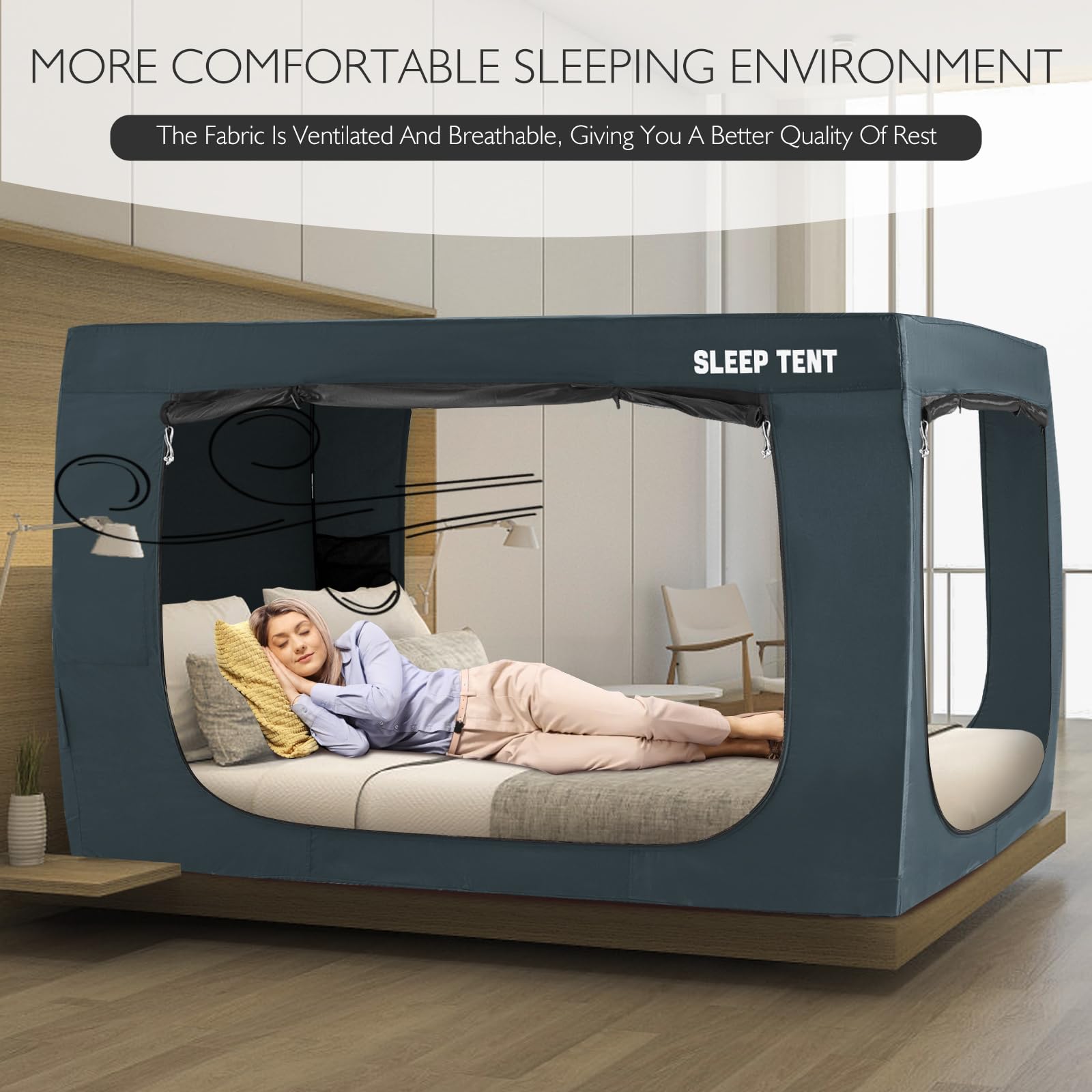 BORNA Twin Bed Tent - Indoor Portable Light Reducing Sleeping Canopy for Kids & Adults | Bunk Blackout Tent with Breathable Privacy Space & Mosquito Netting (Navy Blue) - Perfect for Bedrooms, Dorms, Camping & Creating Cozy Sleep Spaces