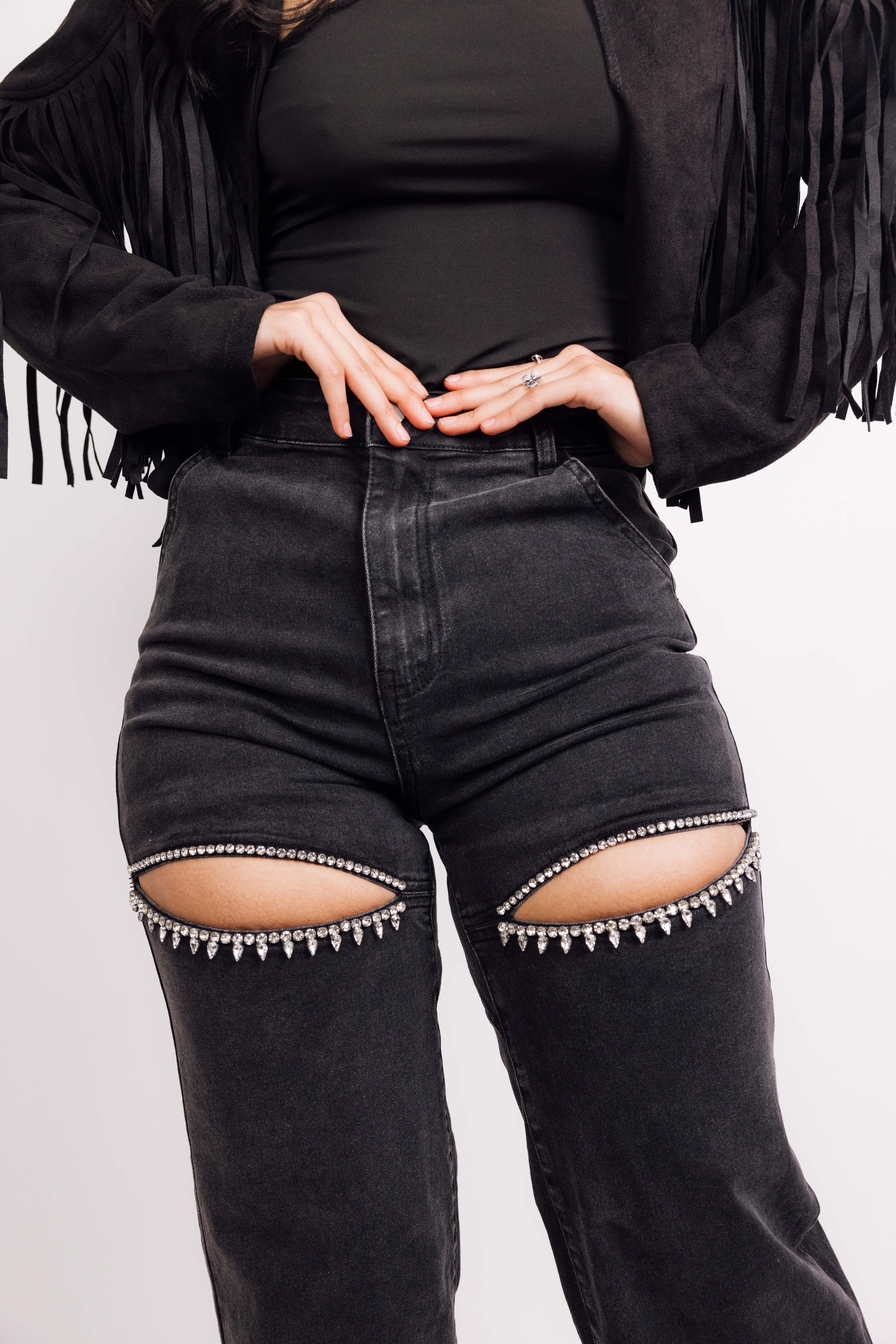 Stylish Washed Denim Rhinestone Cutout Jeans for Women - Trendy High Waist Skinny Jeans with Embellishments | Perfect for Night Out, Party & Casual Wear