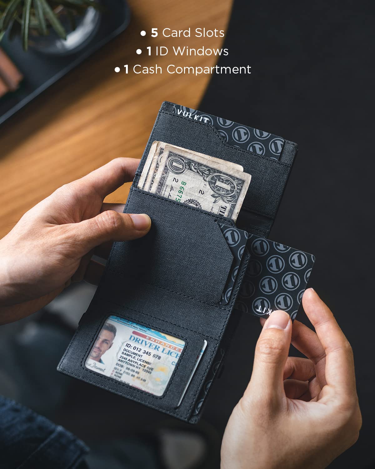VULKIT RFID Blocking Wallet for Men - Slim Leather Credit Card Holder with Cash Compartment, ID Window & Removable AirTag Holder Keychain - Perfect for Travel, Business & Everyday Use (Black)