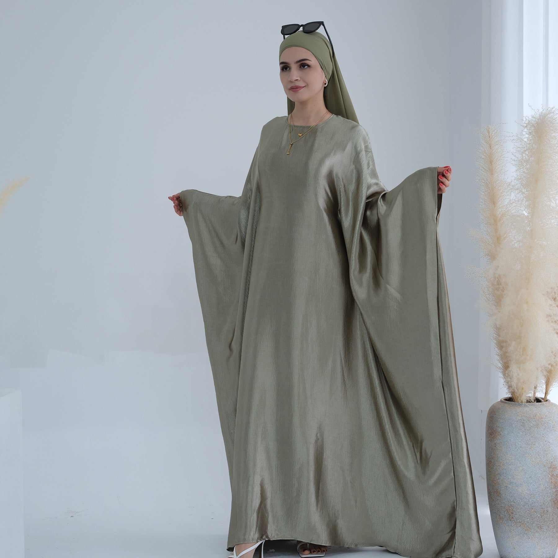 Elegant Alisha Butterfly Satin Abaya Dress - Sage Green Islamic Prayer Gown for Women | Perfect for Eid, Mosque & Special Occasions