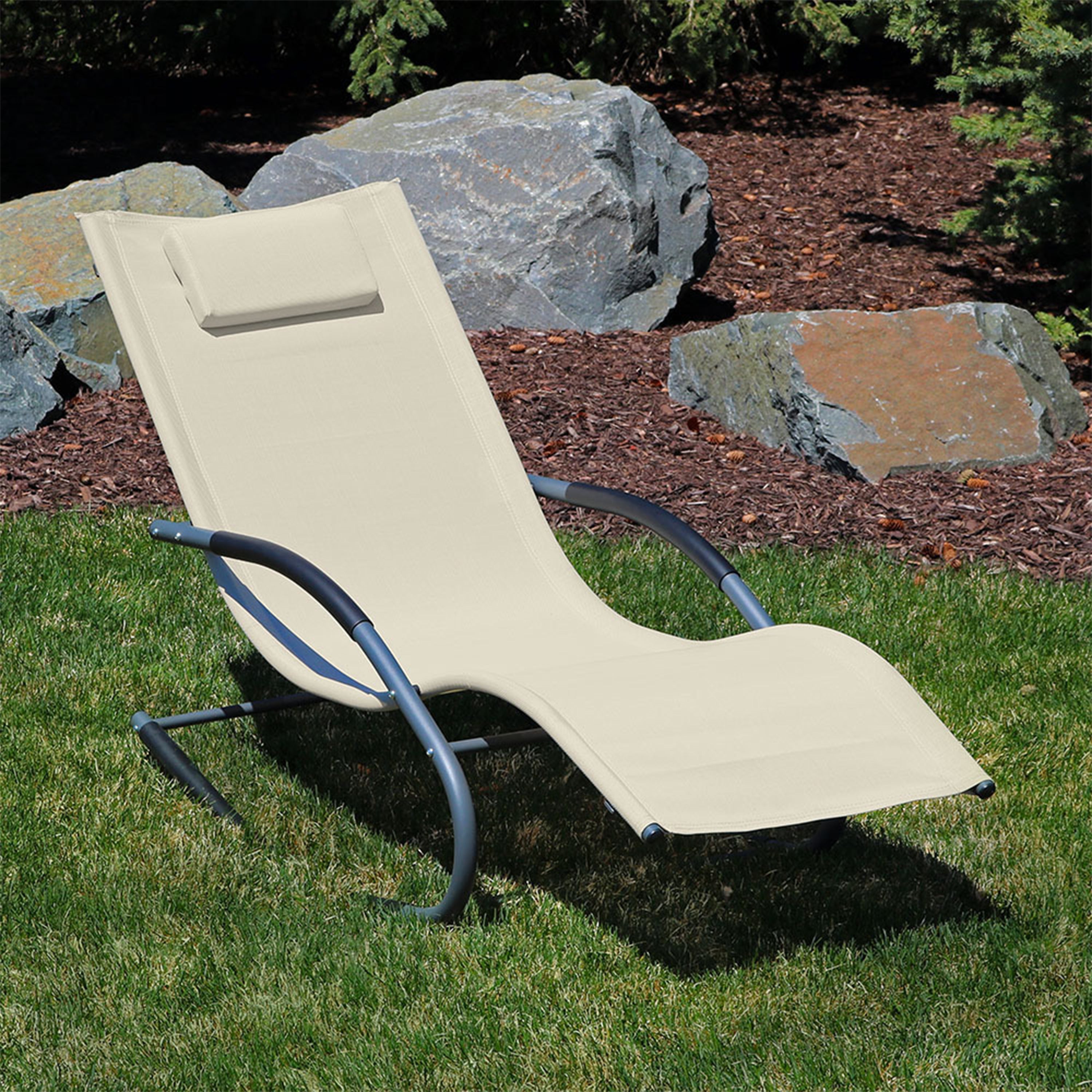 Sunnydaze Rocking Wave Lounger with Pillow - Beige Outdoor Patio Chair for Poolside Relaxation & Backyard Lounging