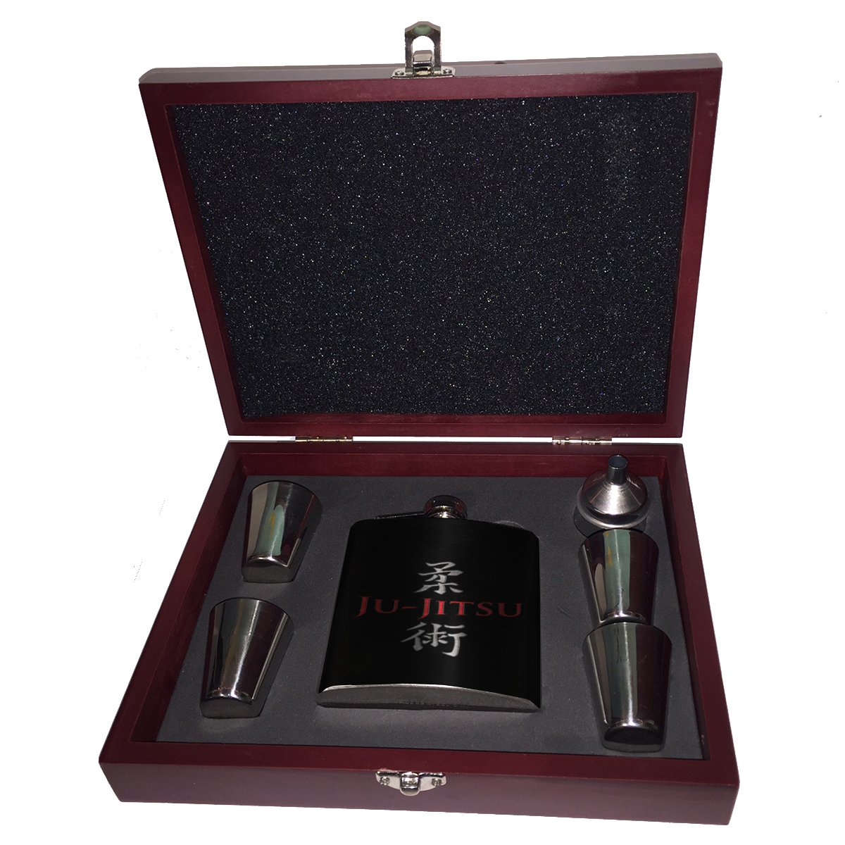 Ju Jitsu Martial Arts Flask Wood Box Gift Set - Premium Engraved Stainless Steel Bottle with Wooden Case for Training, Gym & Outdoor Activities