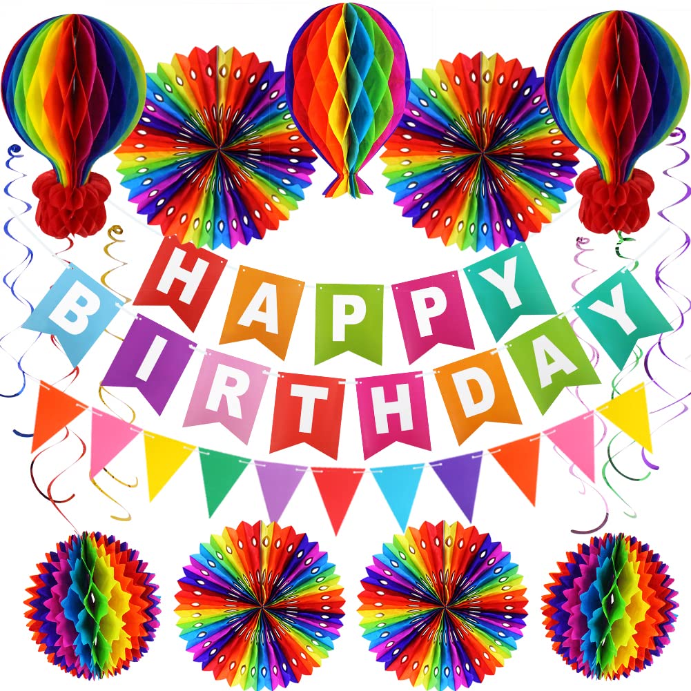 Vibrant Rainbow Birthday Decorations Set - Colorful Happy Birthday Banner, Paper Fans, Hot Air Balloons & Honeycomb Balls for Adults, Kids, Women & Men - Perfect for Birthday Parties, Baby Showers & Festive Celebrations