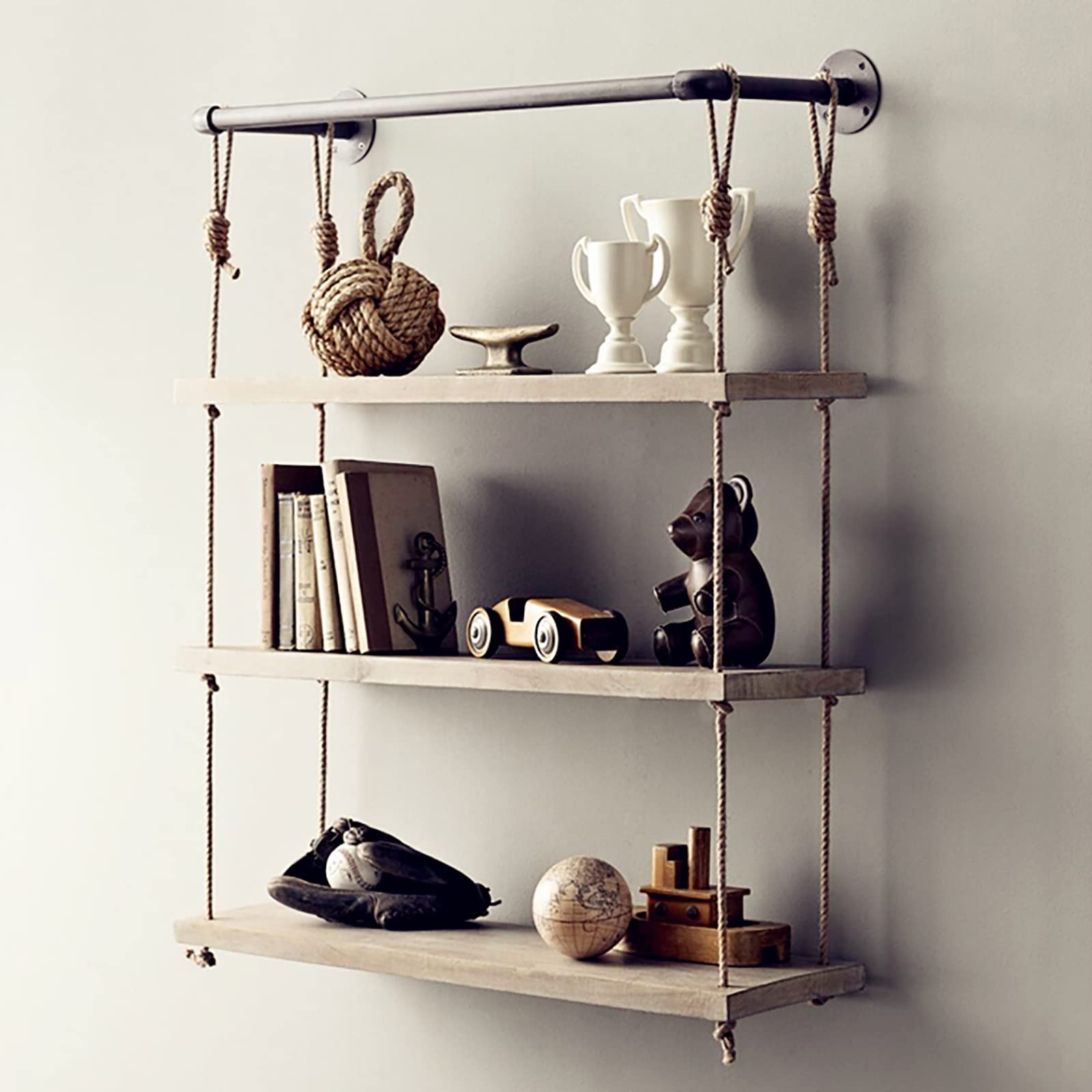 KEPMOGOH 3-Tier Wooden Hanging Wall Shelf - Floating Shelves for Bedroom, Living Room, Bathroom & Kitchen - Farmhouse Decor with Hemp Rope - 60cm Tall Plant Display Shelf - Perfect for Organizing Books, Decor & Small Plants in Compact Spaces