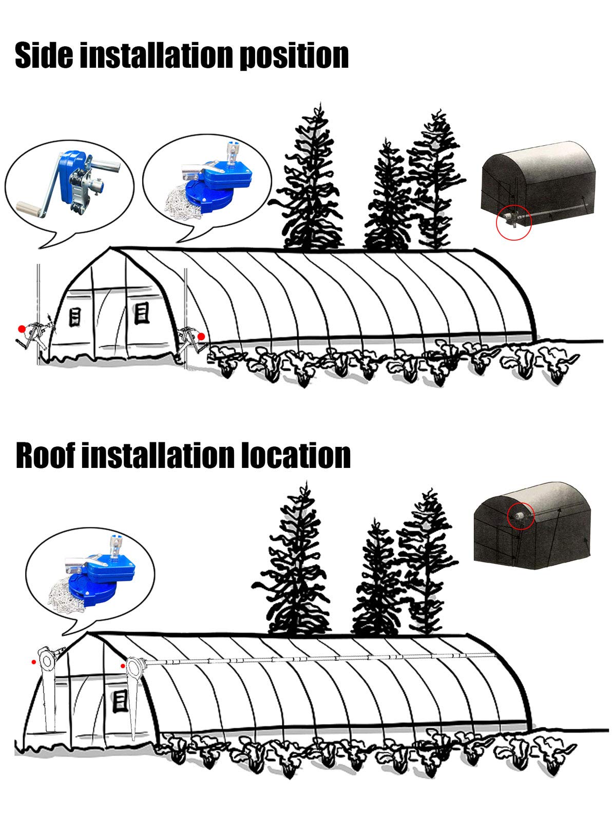 **Greenhouse Film Roll Up Machine - Manual Chain Winch for Farm, Pasture & Greenhouse Ventilation - Top/Side Coiling Equipment for Easy Rolling - Perfect for Greenhouses, Barns & Agricultural Use**