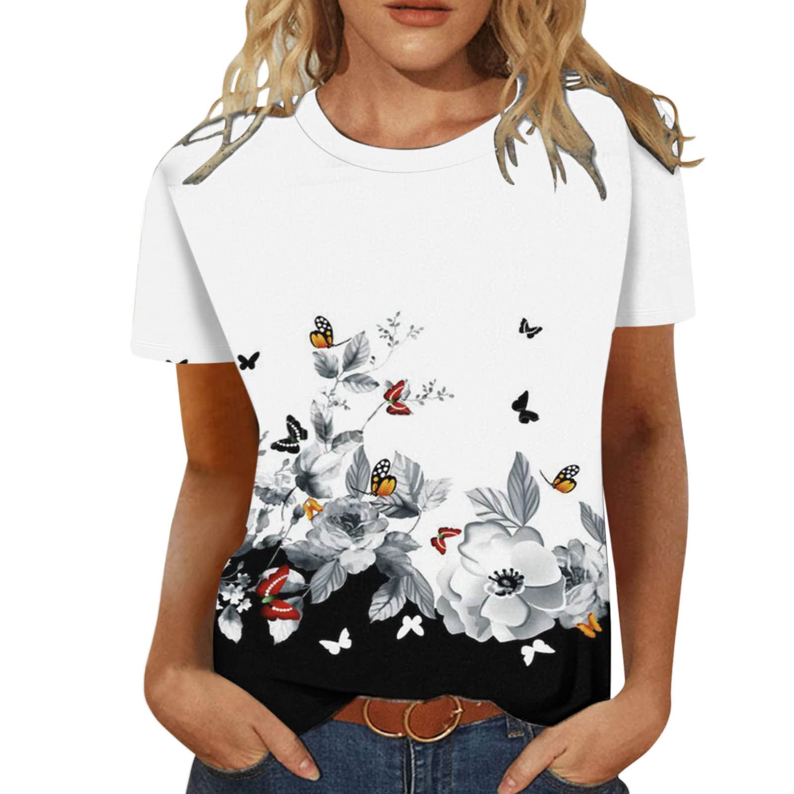 Women's Floral Short Sleeve Round Neck T-Shirt | Casual Summer Tops | Animal Print White V-Neck Sweatshirt | Perfect for Beach Outings, Picnics & Everyday Wear