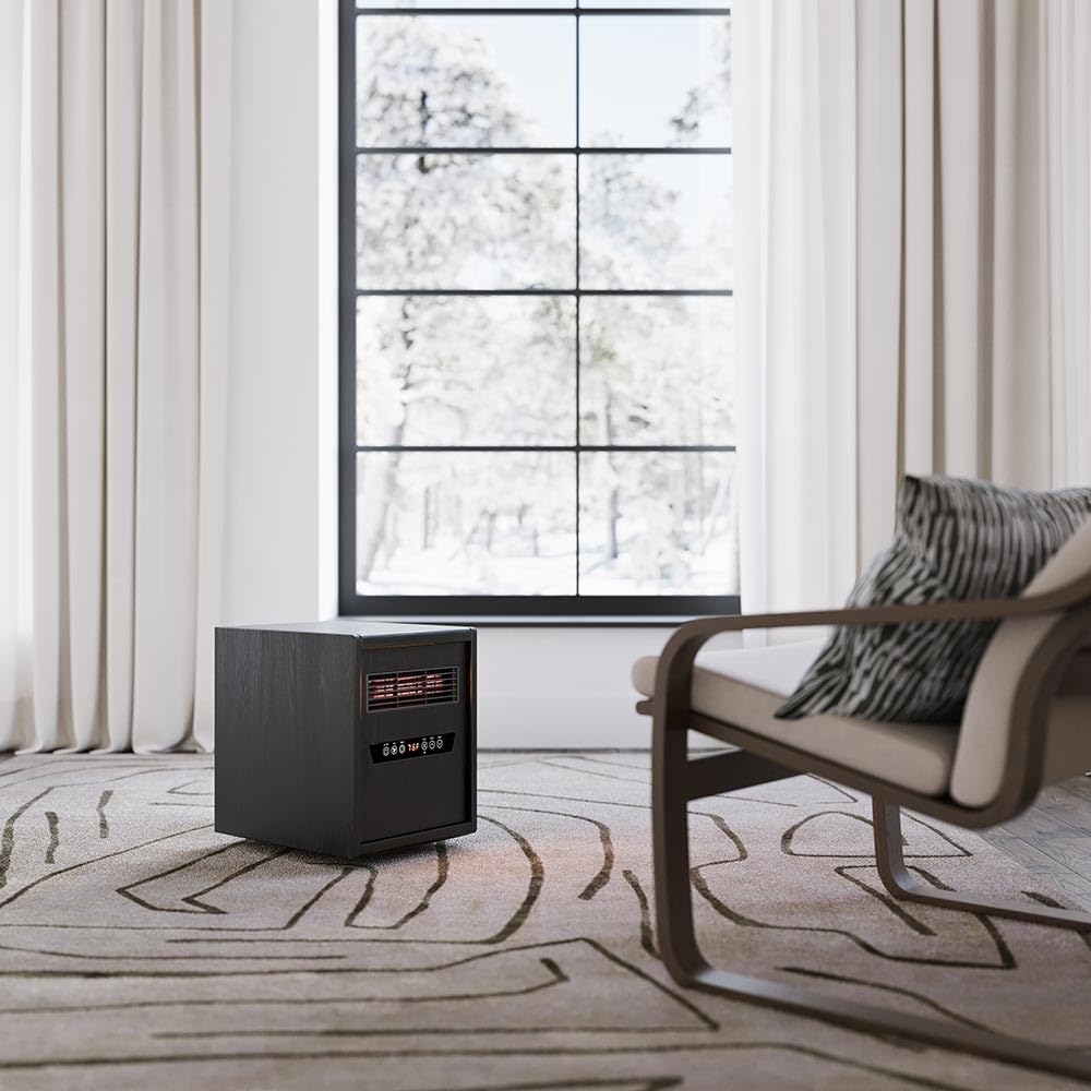 Modern Ember Portable Rolling Infrared Space Heater with LED Touchscreen & Remote Control | 1500W Fast Heating | 12H Timer | Overheat Protection | Black Oak Wood Finish | Perfect for Bedroom, Office & Basement Heating