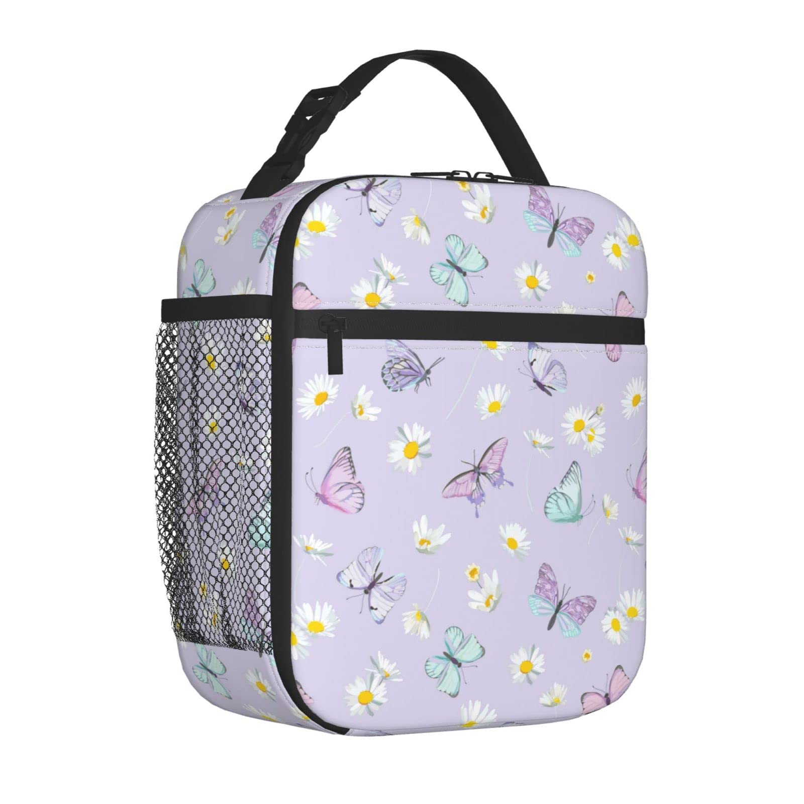 SUPLUCHOM Insulated Lunch Bag for Women & Girls - Purple Butterfly Daisy Flower Design, Reusable with Side Pocket, Perfect for Work, School, Picnic, Hiking & Day Trips - BPA Free & Durable (Ages 3+)