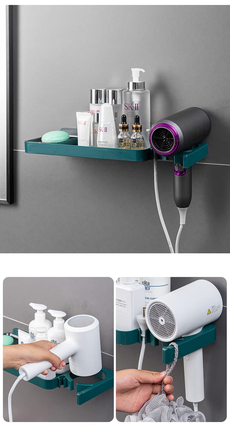 Wall Mount Hair Dryer Holder & Toiletries Organizer - Bathroom Storage Shelf for Hair Dryers, Brushes & Essentials (Green) - Perfect for Small Bathrooms & Vanity Organization