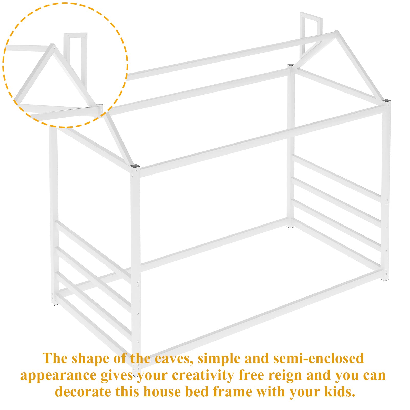 Montessori Floor Bed Frame for Kids - Twin Size Metal House Bed with Roof, White | Toddler Bed for Boys & Girls | No Box Spring Needed | Perfect for Montessori Bedrooms, Playrooms & Kids' Sleep Space