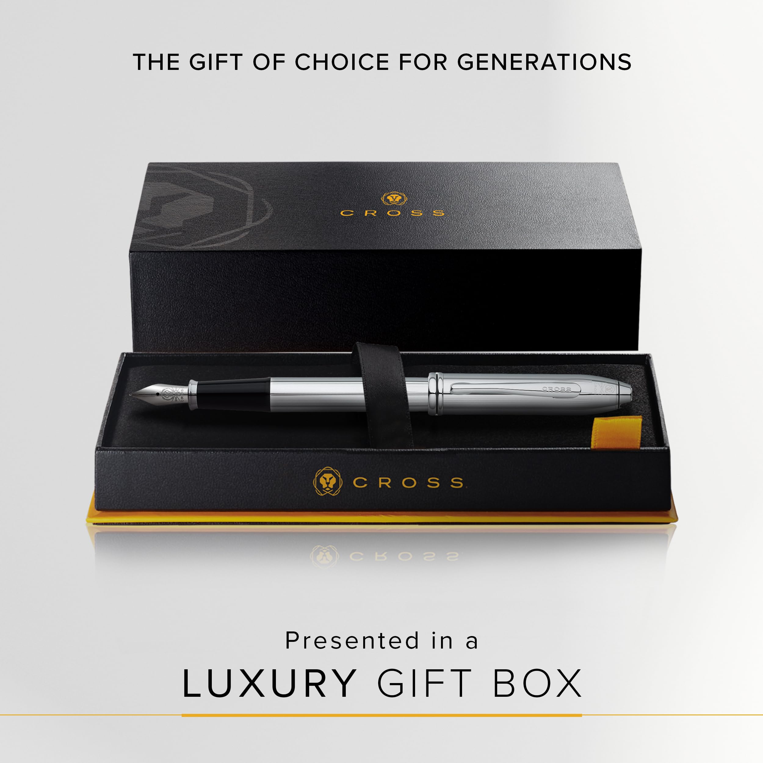 Cross Townsend Refillable Fountain Pen - Medium Nib Stainless Steel Luxury Gift Box (Lustrous Chrome) - Perfect for Business Signatures, Journaling & Elegant Gift Giving