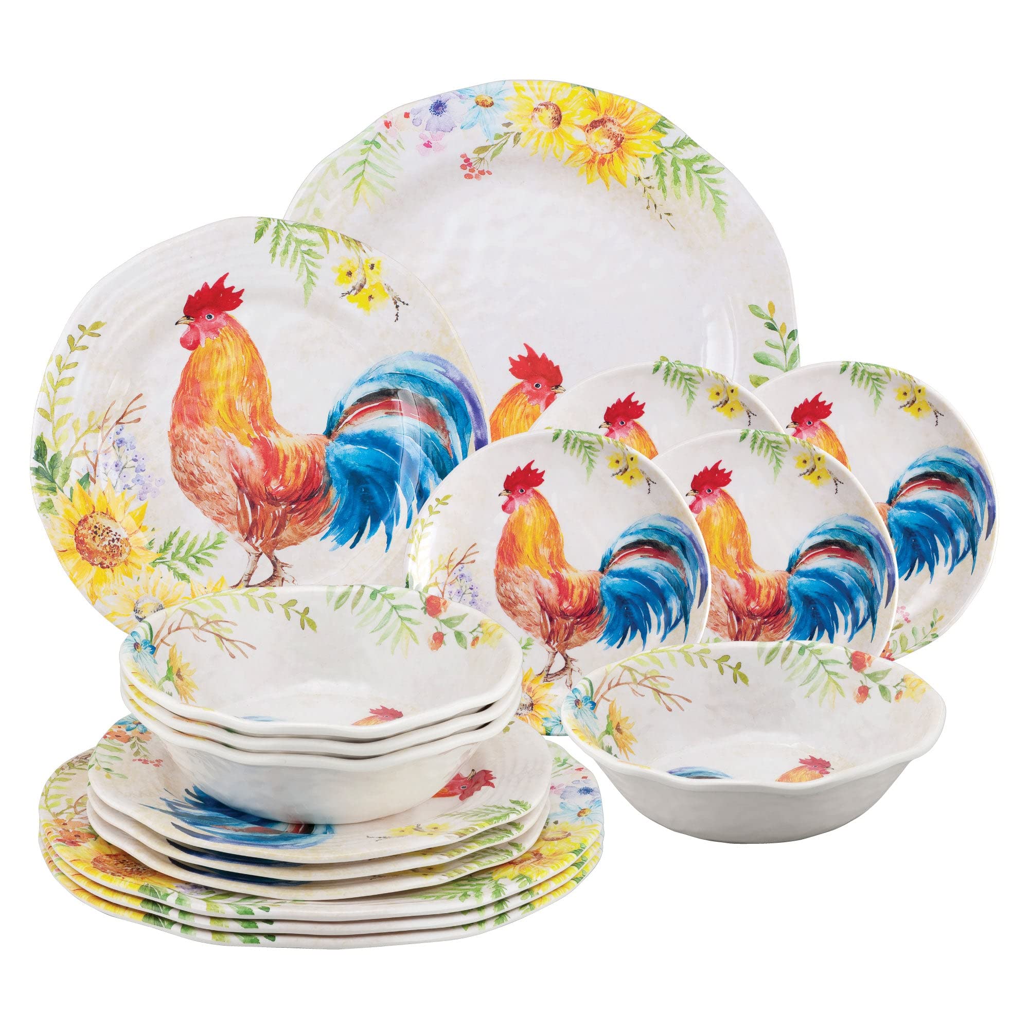 UPware 16-Piece Melamine Dinnerware Set - 4 Dinner Plates, 4 Salad Plates, 4 Bowls & 4 Dessert Plates for 4-Person Table Setting | Durable & Lightweight Rooster Design | Perfect for Outdoor Dining, Picnics, Camping & Everyday Family Meals