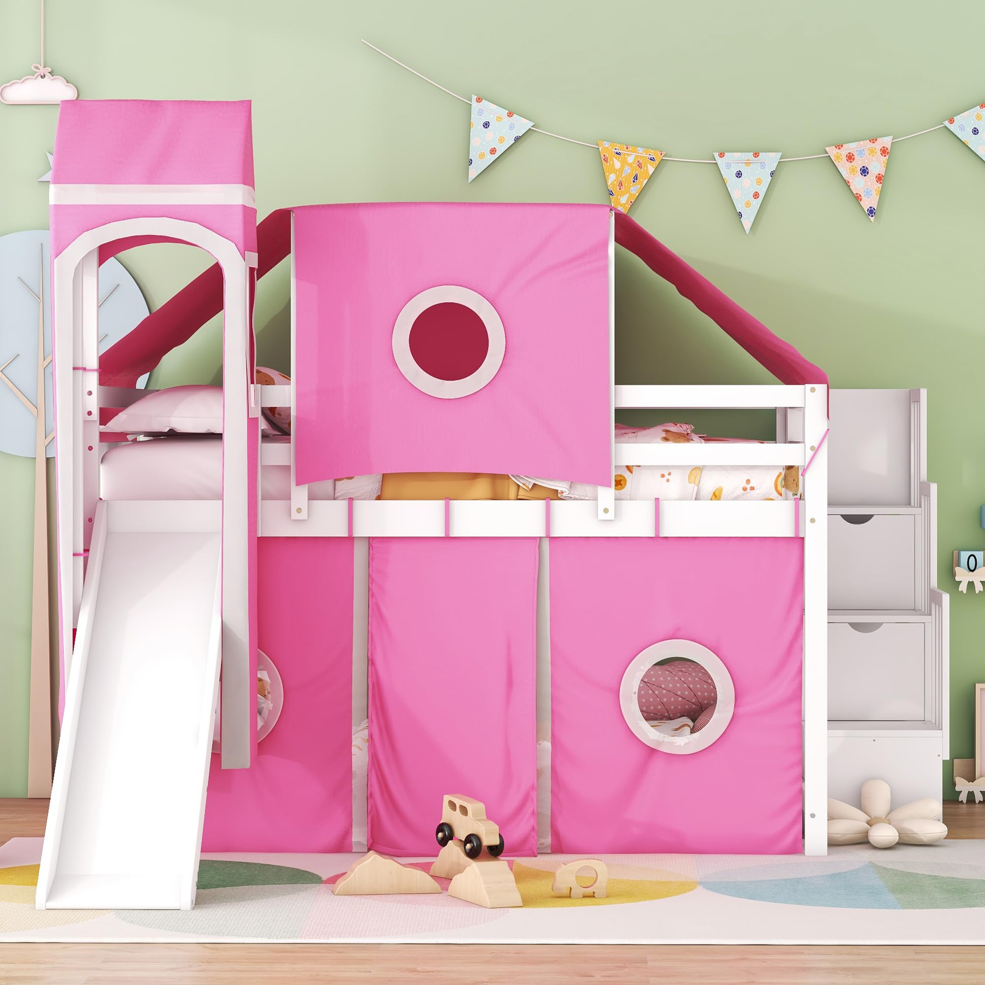 Harper & Bright Designs Full Size Wooden Loft Bed with Slide, Storage Stairs, Play Tent & Ladders - Kids Bunk Bed with Playhouse Tower for Boys & Girls (Pink) - Perfect for Small Bedrooms, Playrooms & Fun Sleepovers