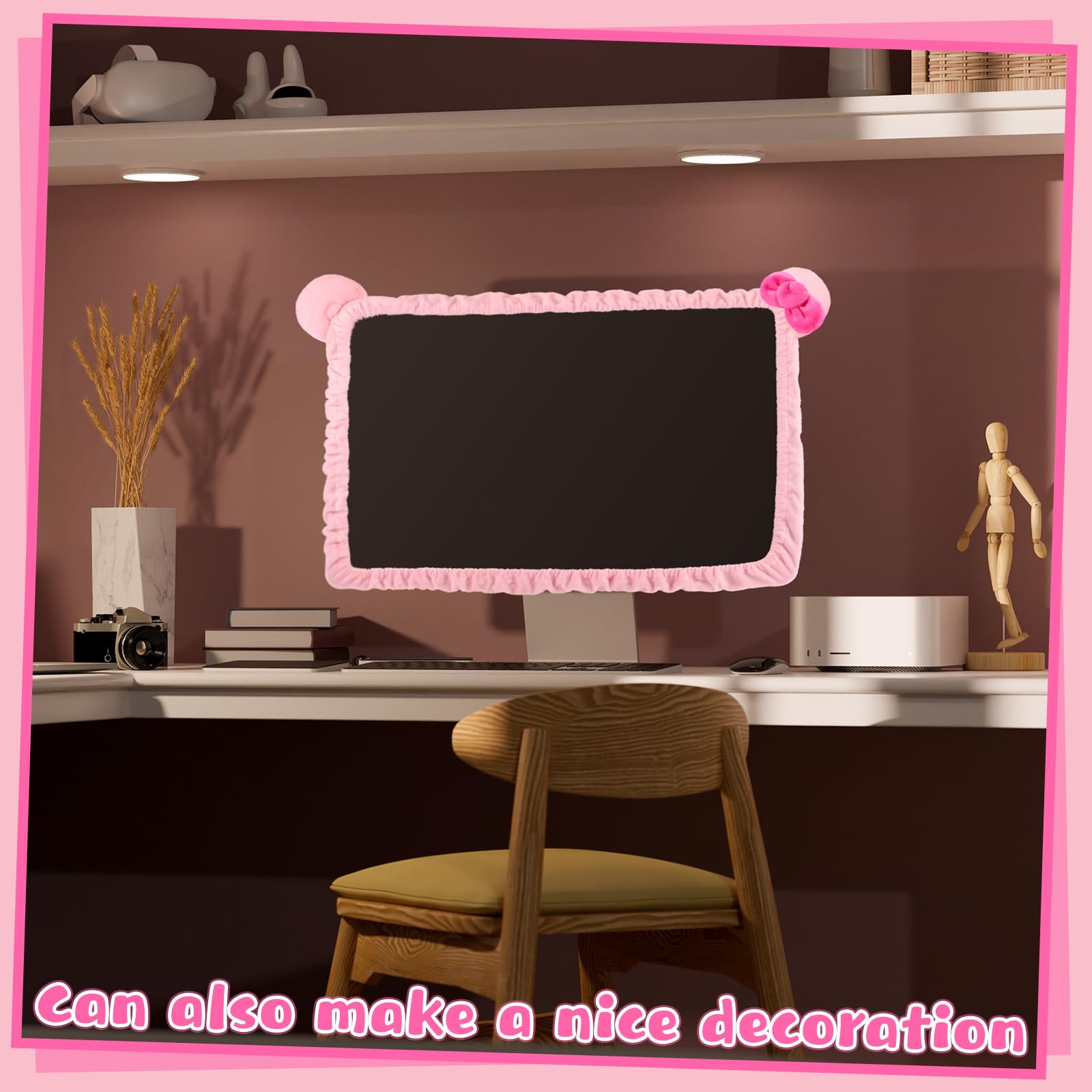 20''-29'' Kawaii Cat Ear Furry Pink Monitor Cover - Dust Protector for Computer, Laptop, TV, LCD Screen, Tablet - Cute Home & Office Decoration