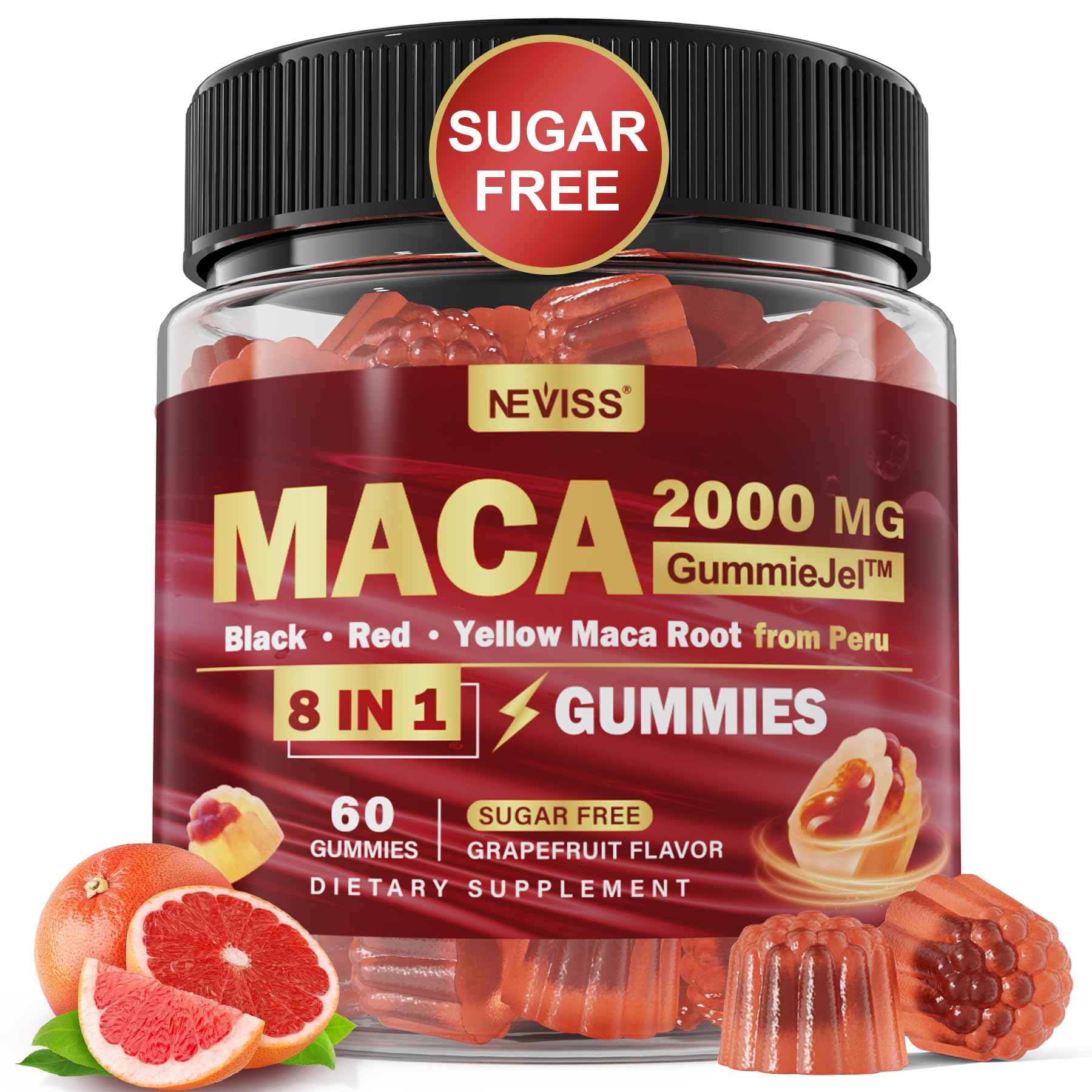 Organic Maca Root Gummies 2000mg - Sugar Free, Vegan, Non-GMO & Gluten Free Supplement with Ashwagandha | Black, Red & Yellow Maca Blend | Grapefruit Flavor, 60 Count | Energy & Stress Relief for Women & Men | Perfect for Workout Recovery & Daily Wellness Boost