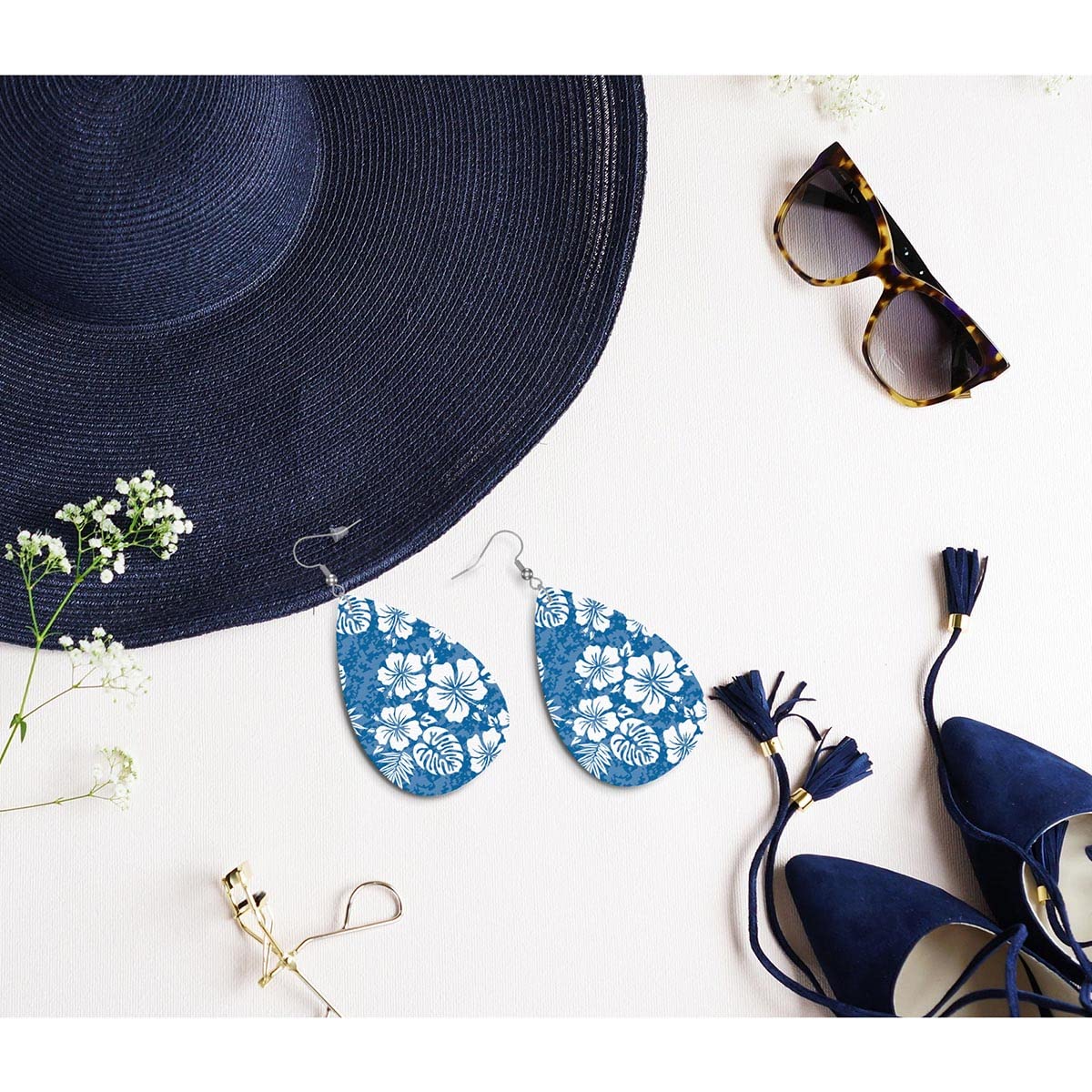 Zokola Tropical Hibiscus Flower Earrings for Women - Blue Camouflage Leather Dangle Earrings with Teardrop Design | Lightweight Double-Sided Hawaiian Style Jewelry | Perfect for Beach Vacations, Summer Parties & Boho Fashion