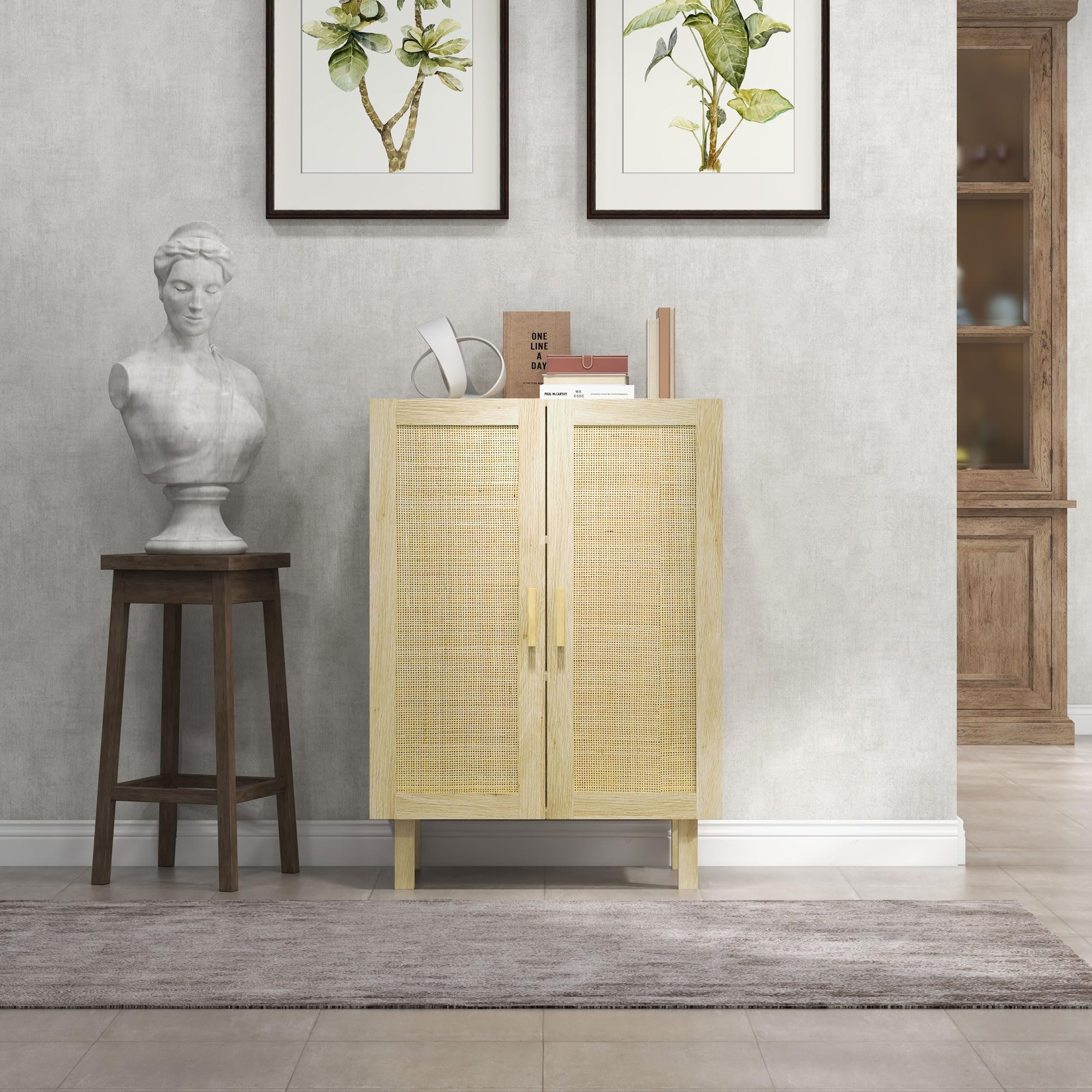 HOMCOM Sideboard Buffet Cabinet with 2 Rattan Doors & Adjustable Shelves - Kitchen Coffee Bar Cabinet for Living Room, Dining Room - Natural Wood Storage Organizer for Home Decor & Entertaining
