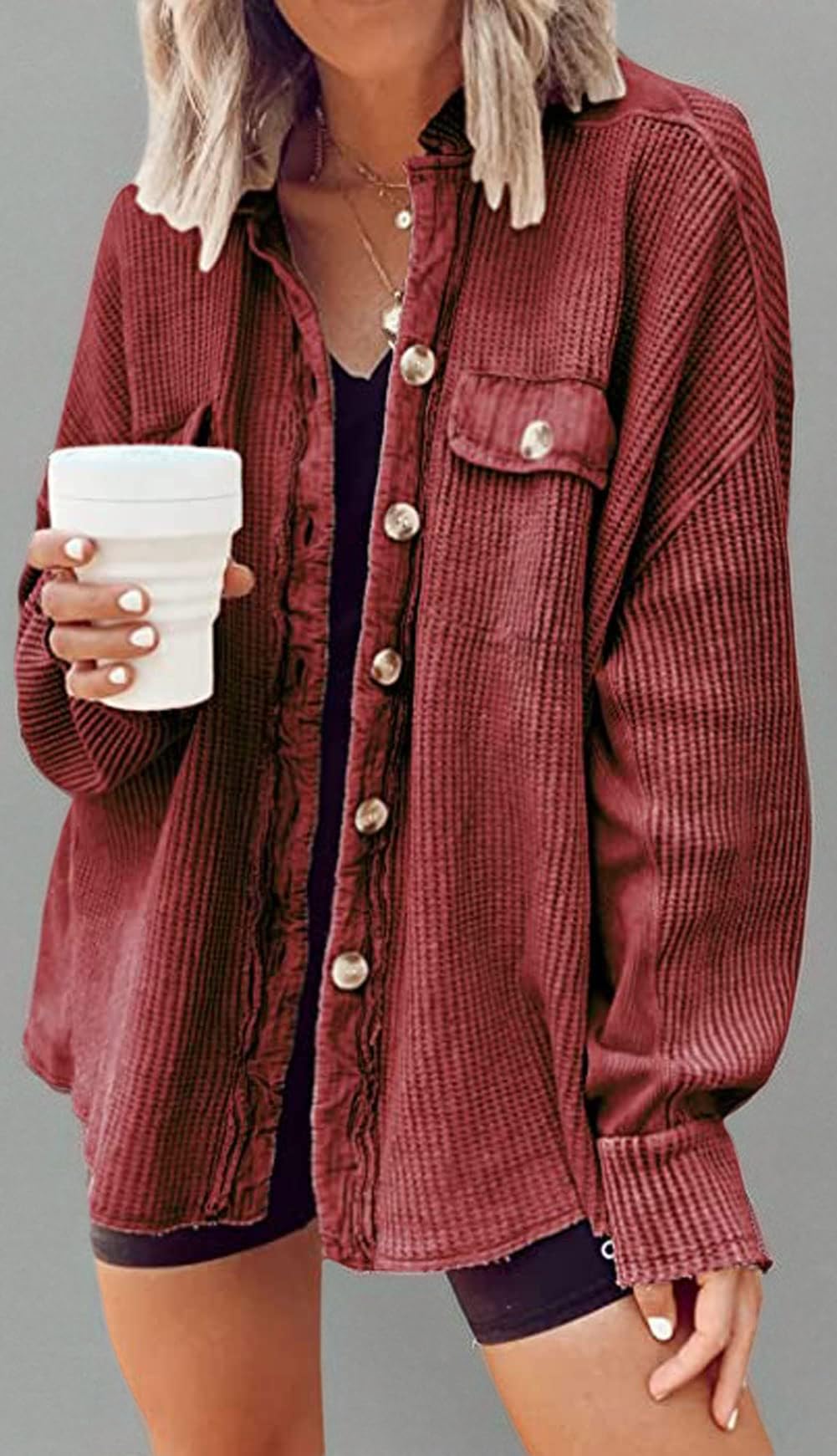 Loveimgs Women's Oversized Waffle Knit Corduroy Shacket - Long Sleeve Button Down Shirt Jacket for Fall | Casual Outfit, Layering & Outdoor Activities