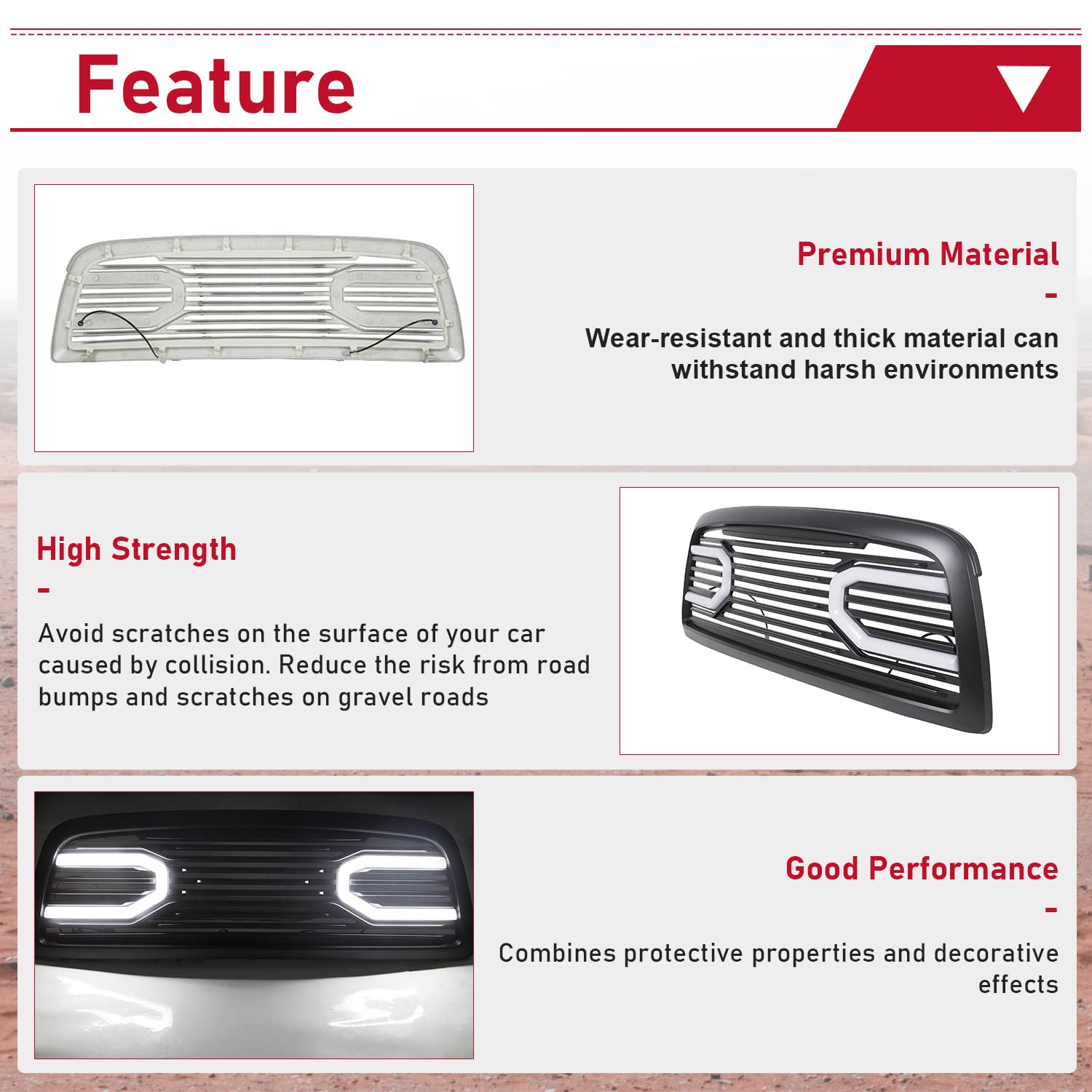 HECASA Gloss Black Front Hood Bumper Grille Replacement Shell with Lights - Compatible with 2009-2012 Dodge Ram 1500 | Perfect for Off-Roading & Truck Customization