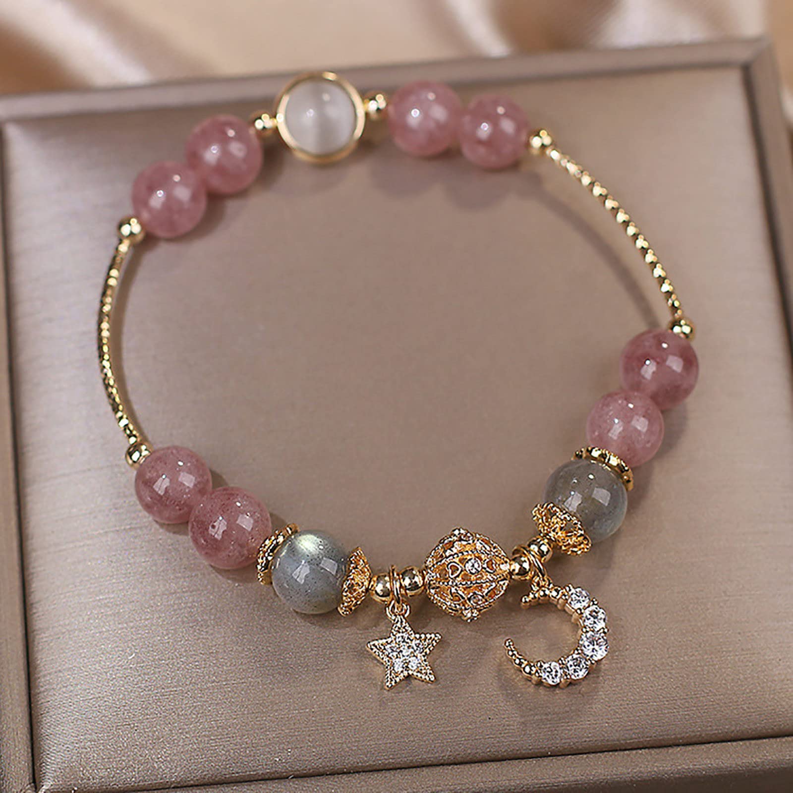 Natural Healing Crystal Stretch Bracelets for Women & Girls - Moon & Star Decorated Adjustable Beaded Bracelets | Yoga, Meditation, Gift Giving, Everyday Wear