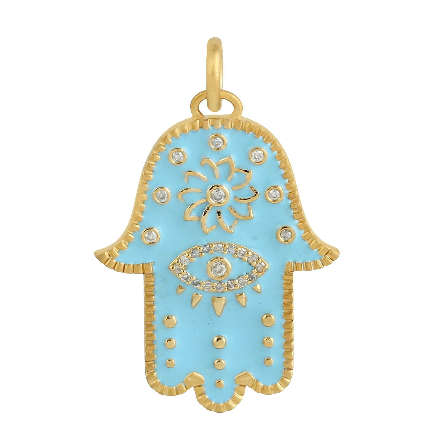 14K Yellow Gold Bezel Set Diamond Hamsa Hand & Evil Eye Enamel Pendant Necklace - Spiritual Protection Jewelry Gift for Women, Birthday, Anniversary & Special Occasions