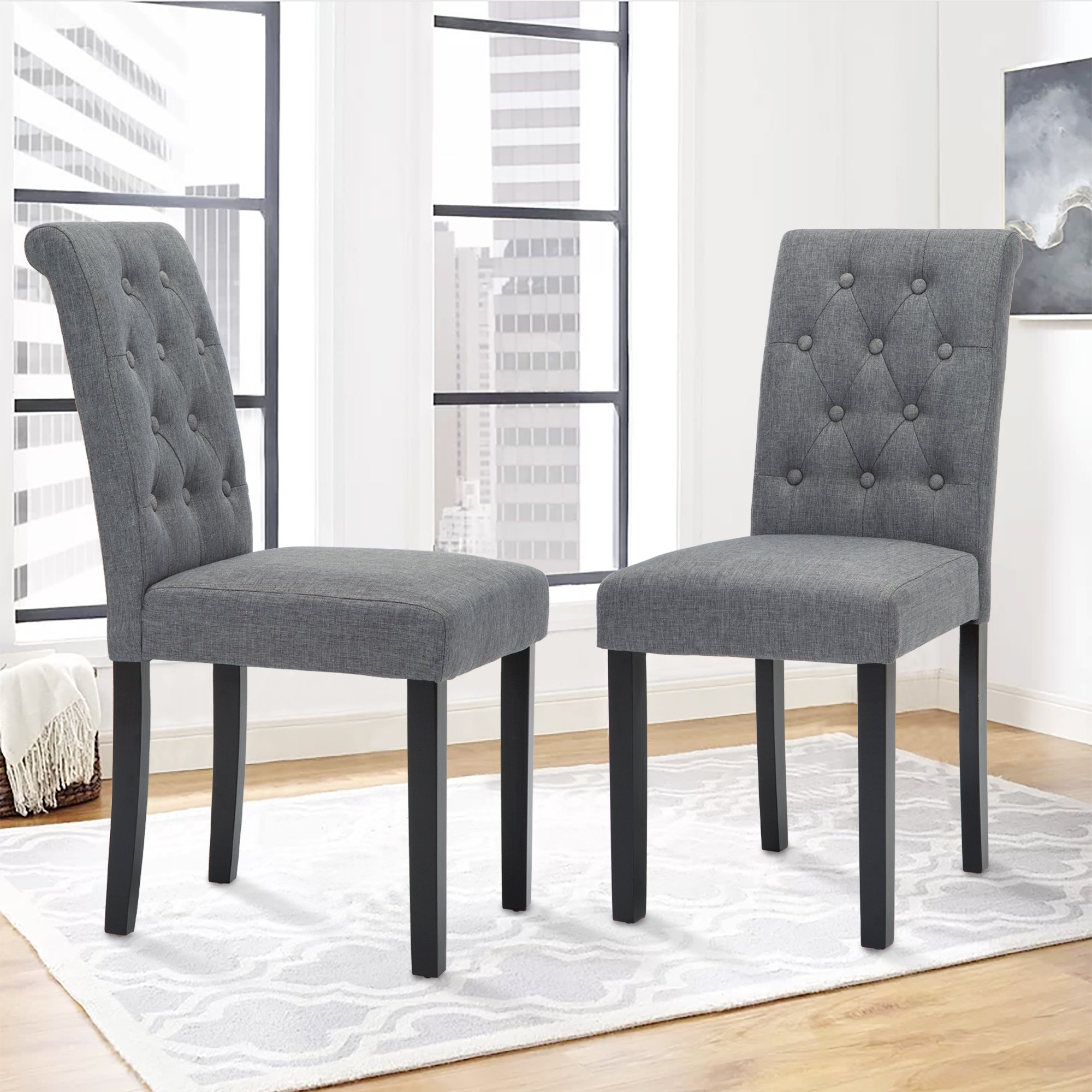 2 Pack Gray Upholstered Fabric Dining Chairs with Button-Tufted Back - Modern Living Room & Kitchen Chairs for Home, Restaurant, or Office Use