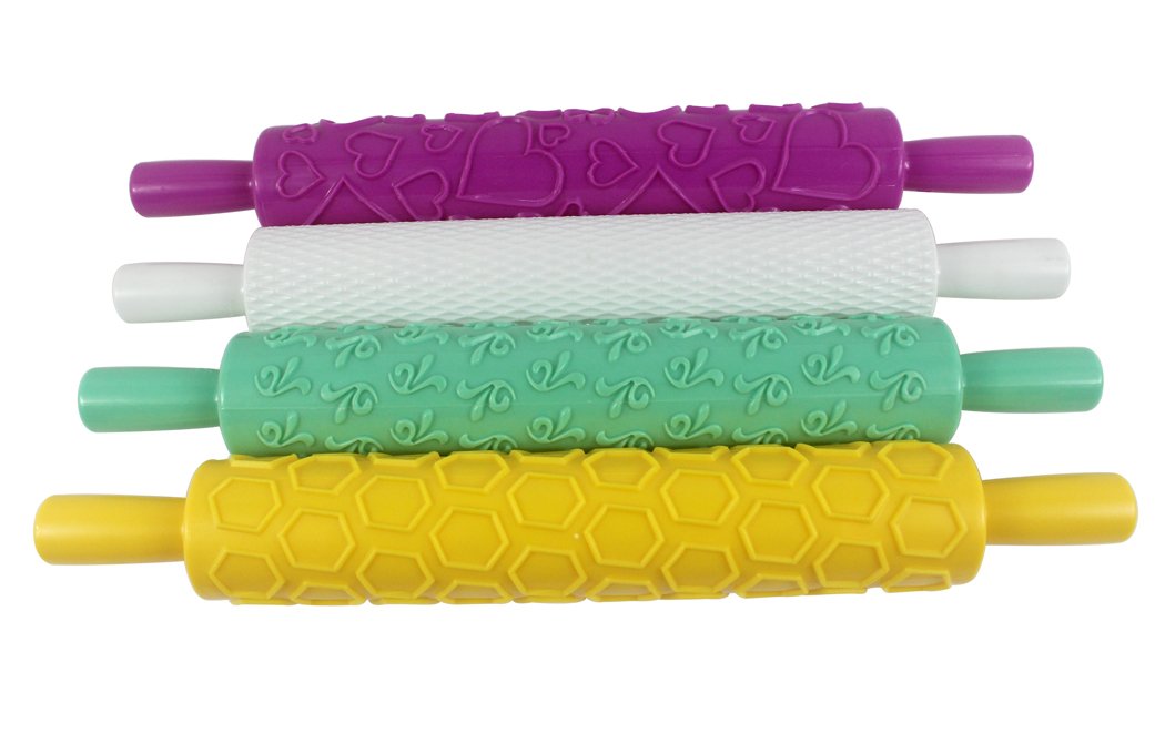 4-Piece Embossed Rolling Pin Set for Fondant, Pastry & Clay - Honeycomb, Narcissus, Heart & Rhombus Patterns - Cake Decorating, Cookie Making & DIY Craft Tool (Random Colors) - Perfect for Birthday Cakes, Wedding Desserts & Art Projects
