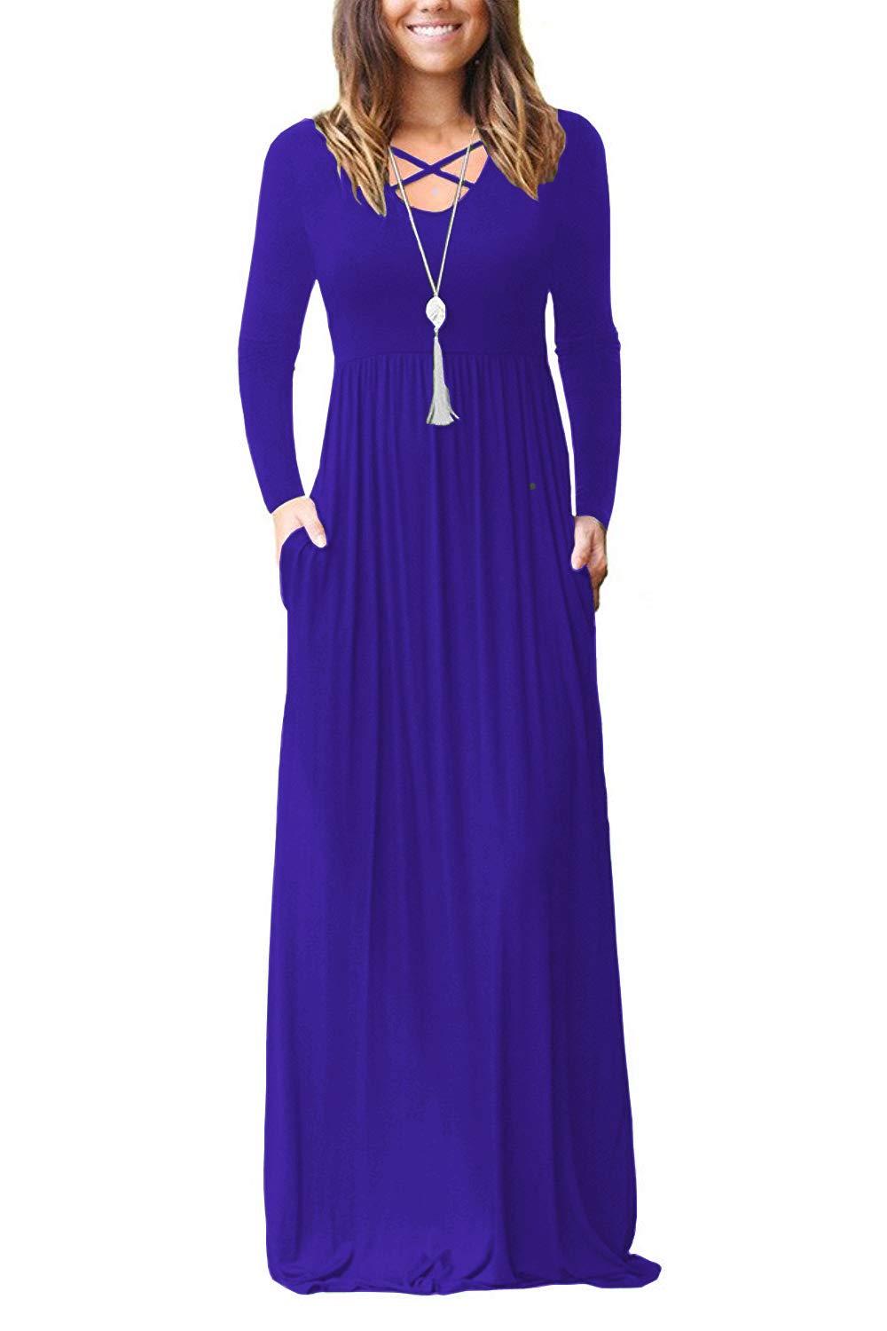 LILBETTER Women's Long Sleeve Maxi Dress - Loose Fit Casual Plain Long Dress with Pockets | Perfect for Everyday Wear, Beach Cover Up & Travel Outfits