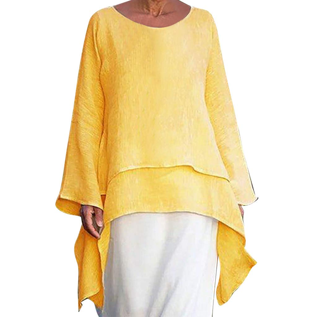 Women's Cotton Linen Long Sleeve T-Shirts - Boho Beach Tunic Blouse with Asymmetrical High-Low Hem - Plus Size Casual Top for Summer Outfits, Vacations & Layering