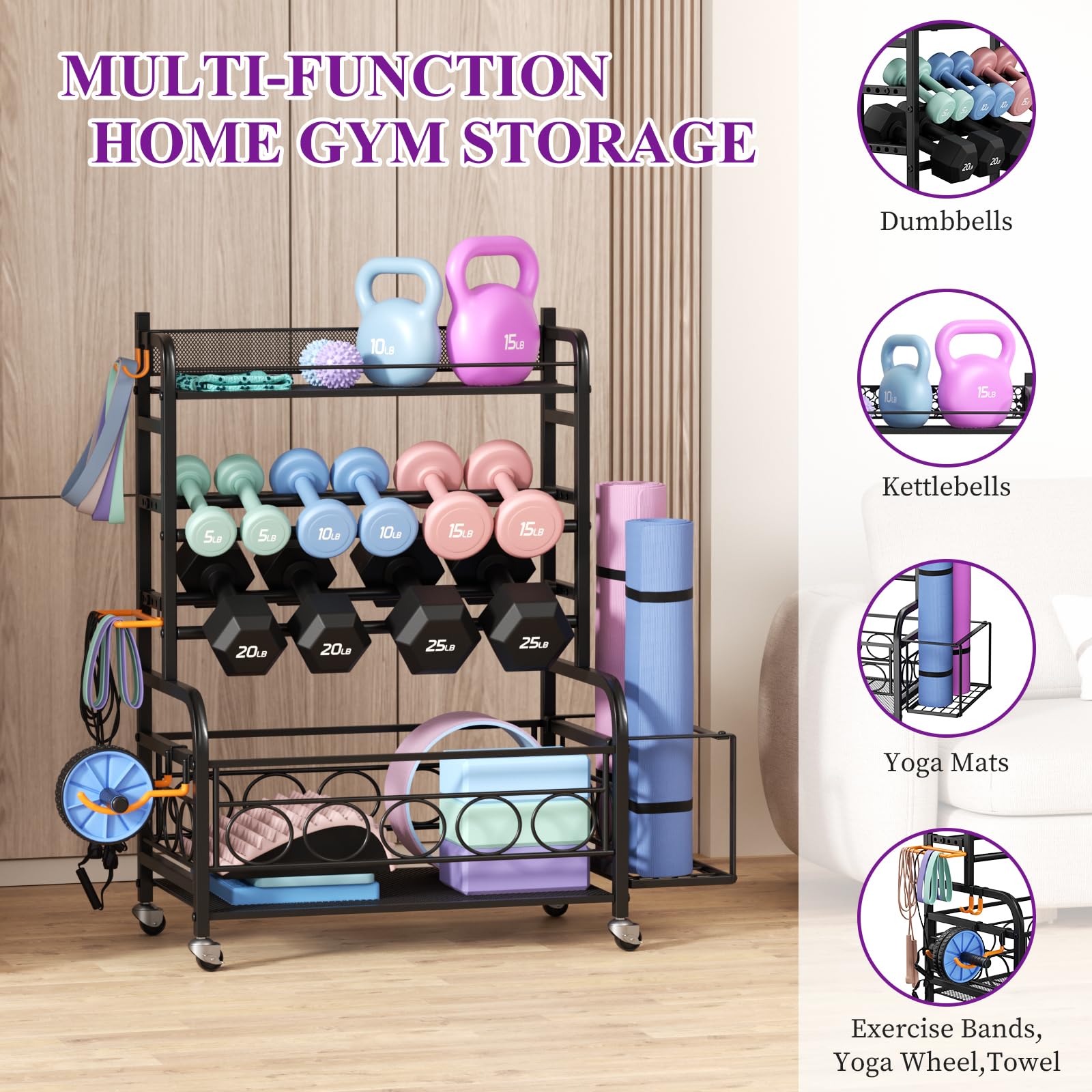 VOPEAK Heavy Duty Dumbbell Rack with Wheels - Adjustable Weight Stand for Home Gym Storage, Organizer for Dumbbells, Kettlebells, Yoga Mats & Strength Training Equipment - Perfect for Garage, Basement & Fitness Room Organization