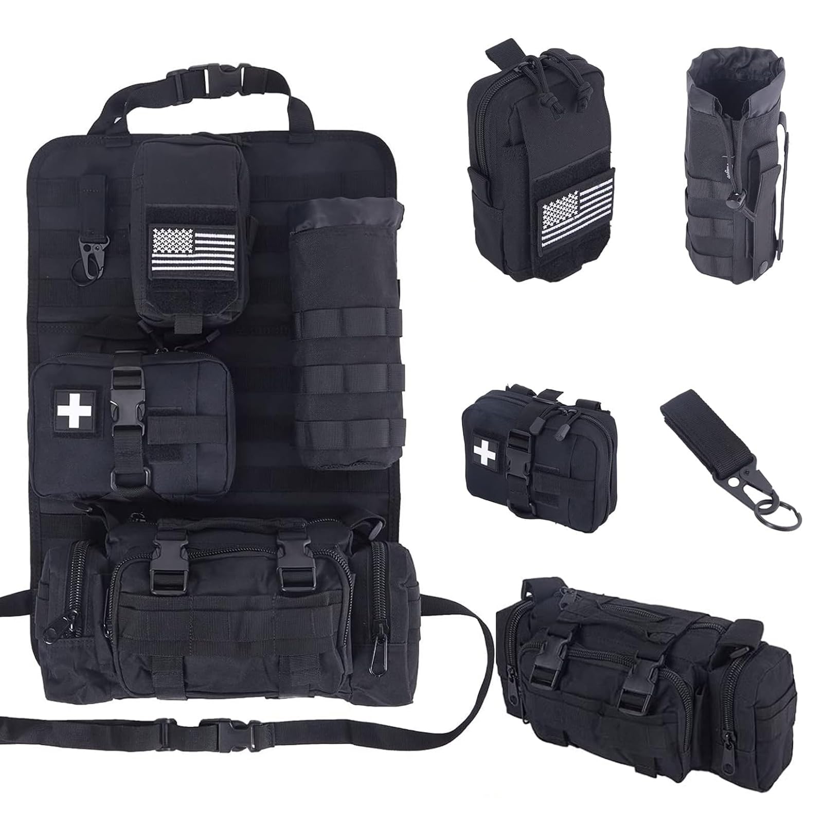 Tactical Car Seat Back Organizer Bag - Universal Molle Vehicle Organizer Panel with 4 Detachable Pouches for Ford, Jeep, Truck & SUV - Durable Car Storage for Road Trips, Camping & Outdoor Adventures (Black)