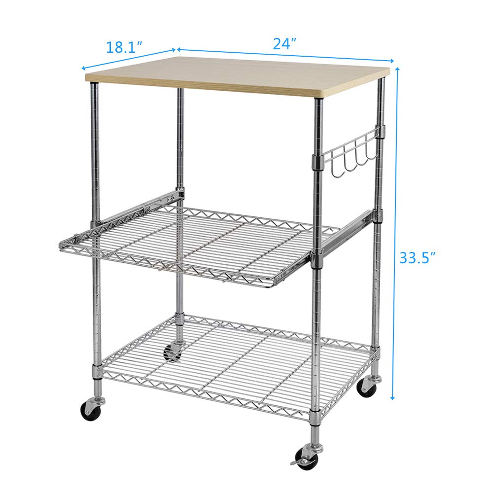 3-Tier Rolling Kitchen Cart with Hooks - Stainless Steel Microwave Stand, Baker's Rack & Storage Shelf on Wheels | Perfect for Small Kitchens, Apartments & Dorm Rooms | Space-Saving Mobile Workstation for Microwave, Spices & Cooking Essentials
