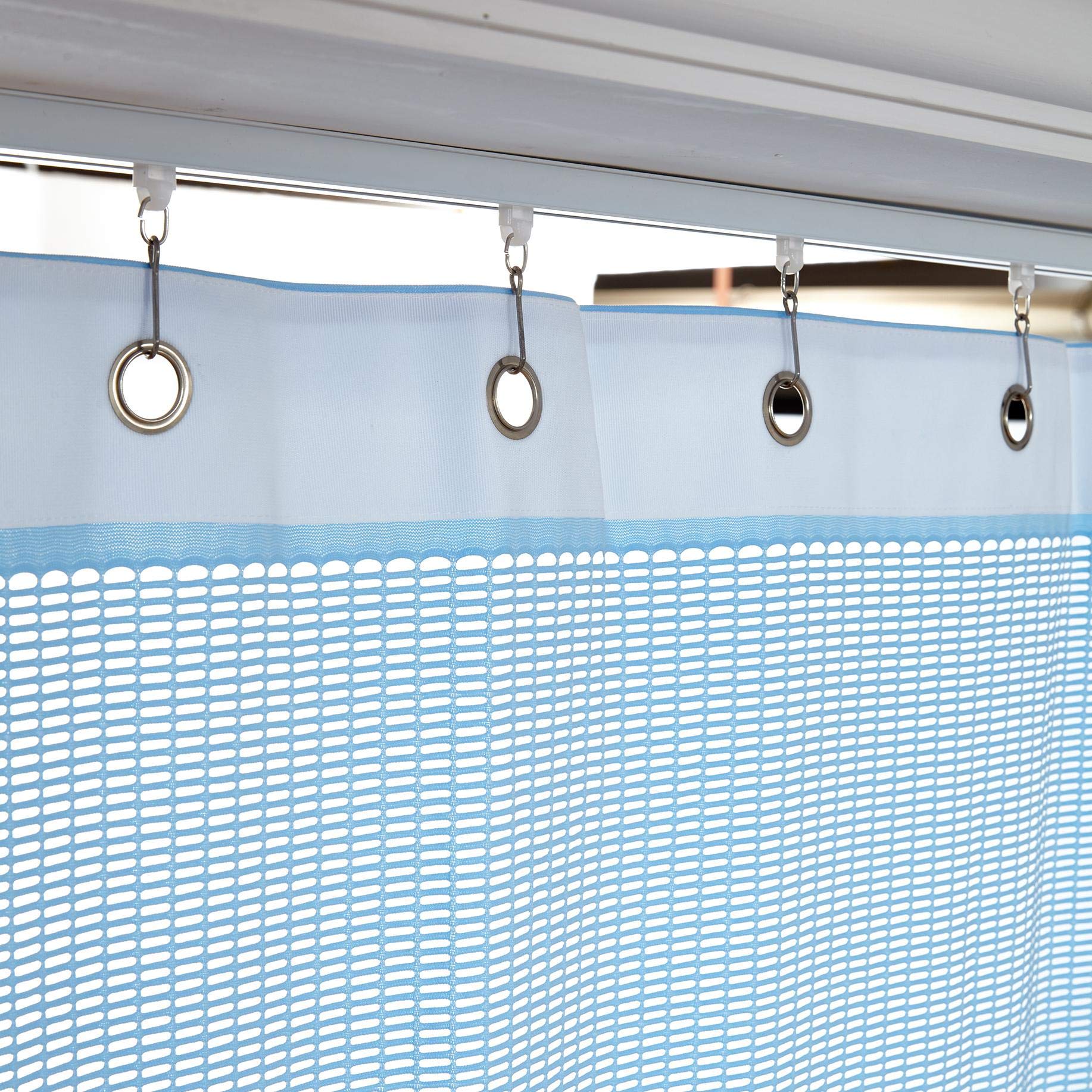 Flame Retardant Blue Room Divider Curtain for Spa & Privacy - 9ft x 8ft Mesh Top Cubicle Curtain with Nickel Grommets (1 Panel) - Perfect for Home Offices, Hospitals, and Salon Partitions