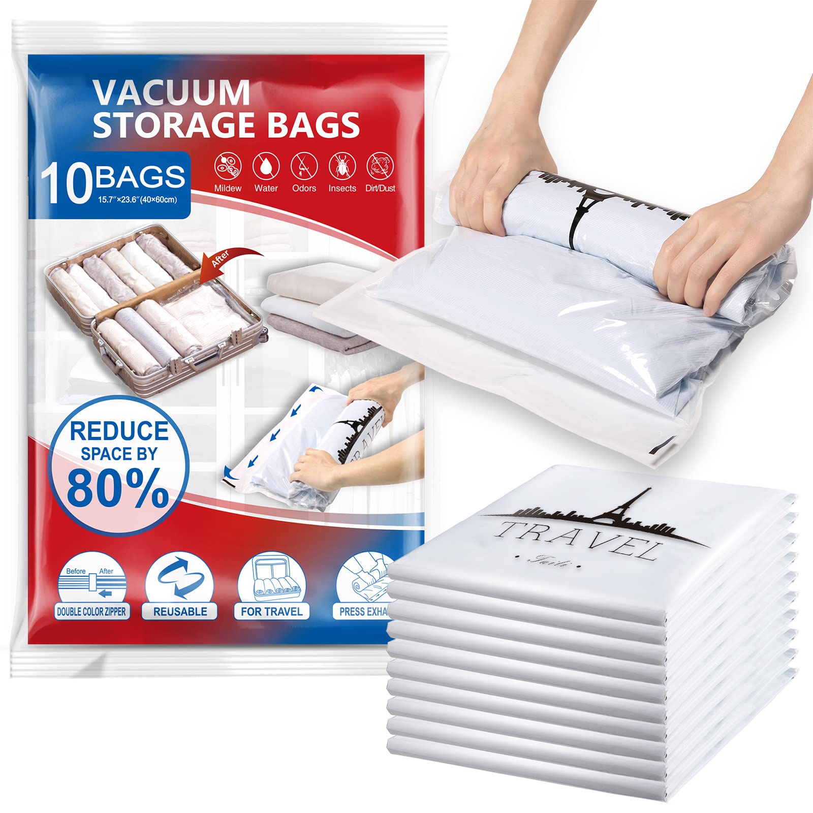 TAILI 10-Pack Reusable Vacuum Storage Bags for Clothes & Bedding (40x60cm) - Space Saving Travel & Moving Storage Solution | Saves 80% Space | Perfect for Closet Organization, Seasonal Storage & Home Moving