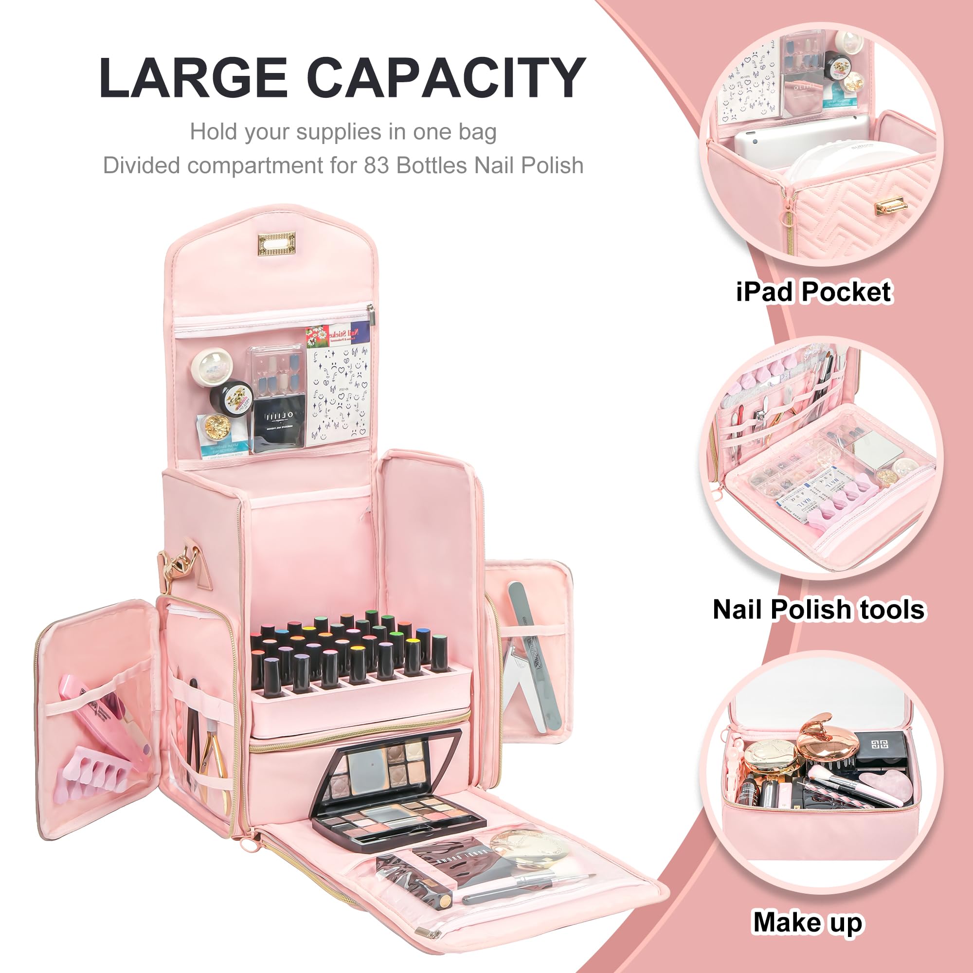 Leudes Large Pink Nail Polish Holder Organizer - Storage Case for 83 Bottles (0.33-0.68 fl.oz) with Nail Dryer, 3 Removable Pouches & Tools Storage Sections - Perfect for Salon Professionals & Home Manicure Kits