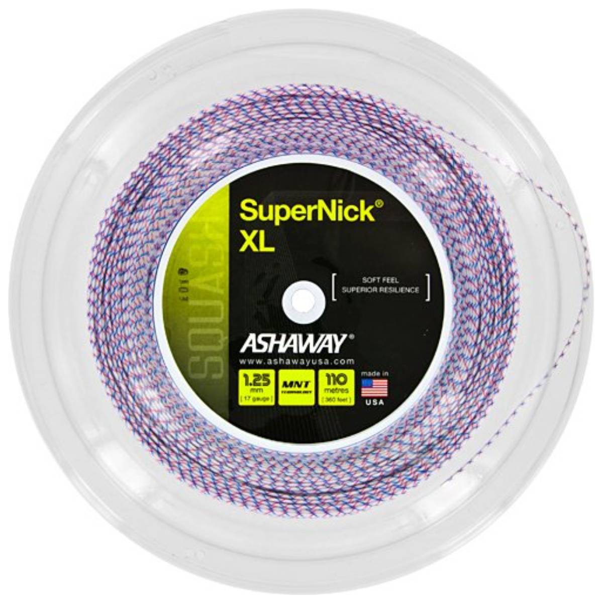Ashaway SuperNick XL 17 Squash String Reel (White/Blue/Red) - High Performance Squash Racquet String for Durability & Power - Perfect for Competitive Play & Training Sessions
