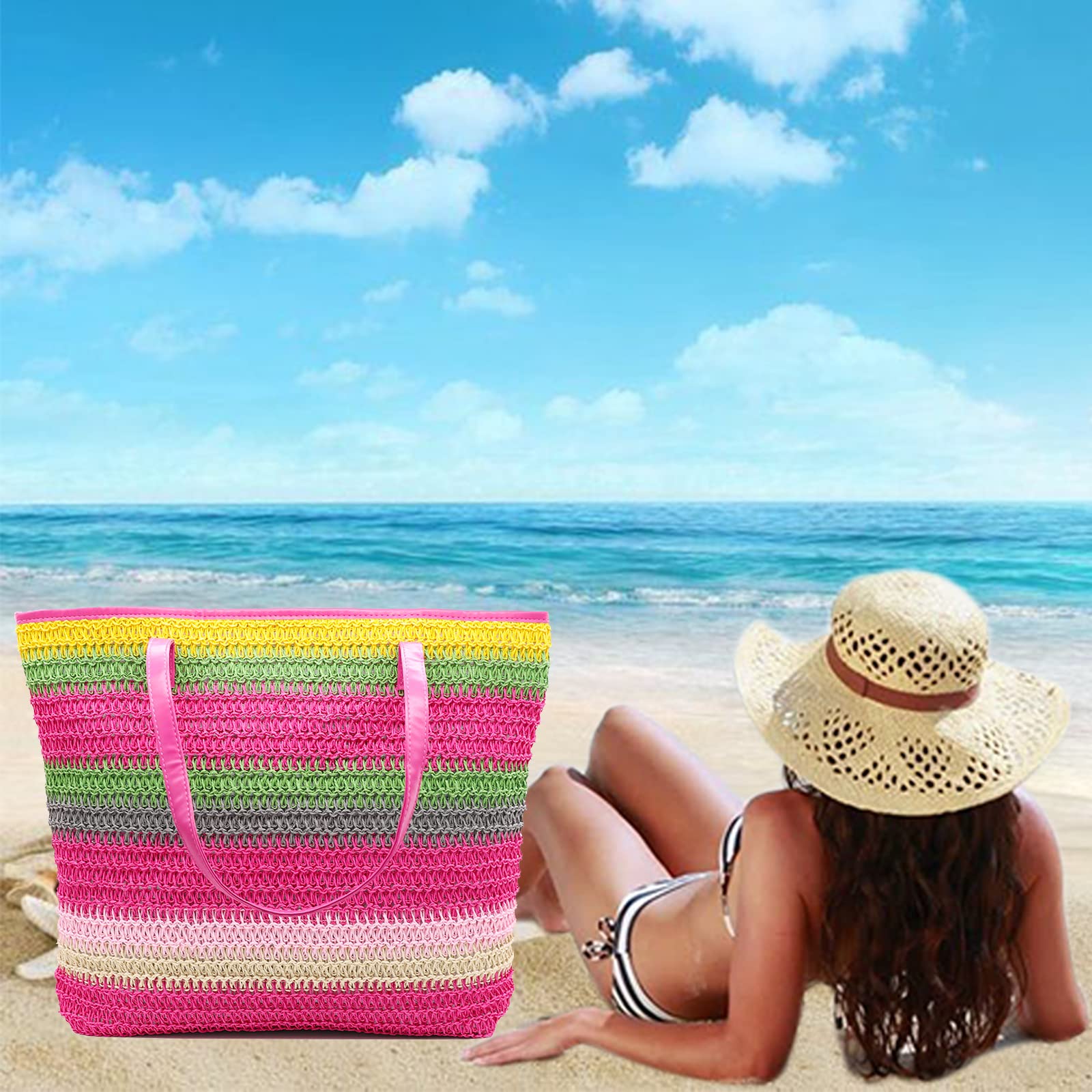 Waterproof Large Canvas Straw Beach Tote Bag for Women - Oversized Pool & Travel Shoulder Handbag - Perfect for Beach Vacations, Swimming, and Summer Outings